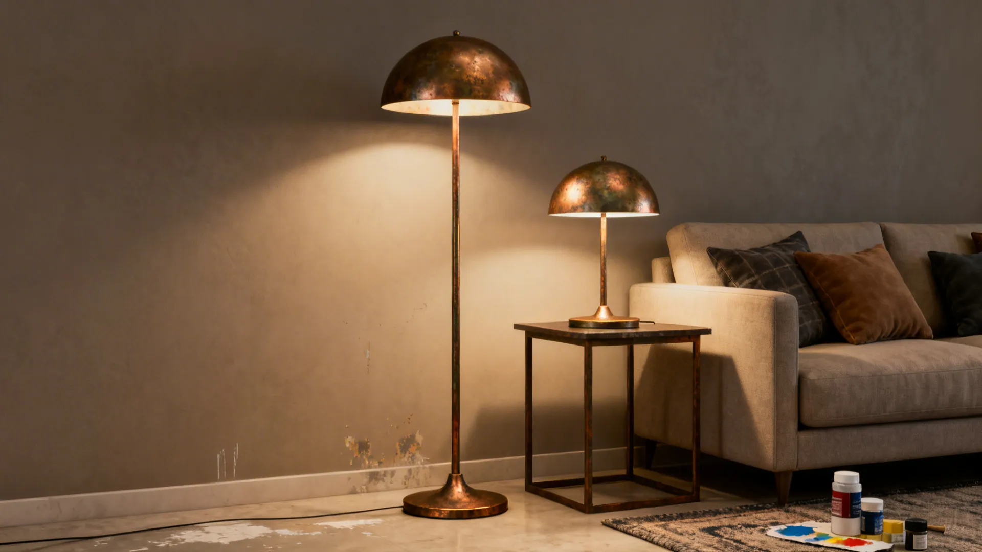 Matching floor and table lamps beside a sofa with coordinated textiles and warm light.