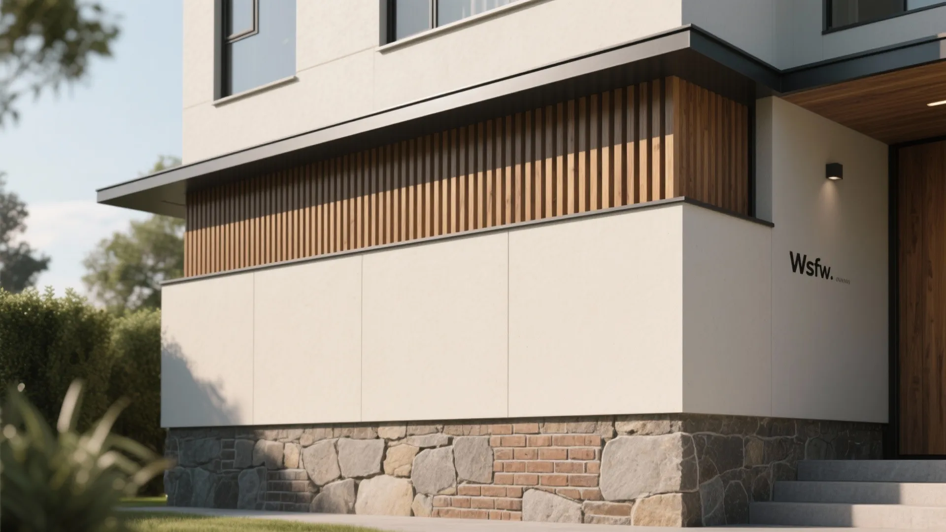 Modern house exterior wall featuring white panels wooden wall panels and natural stone brick foundation