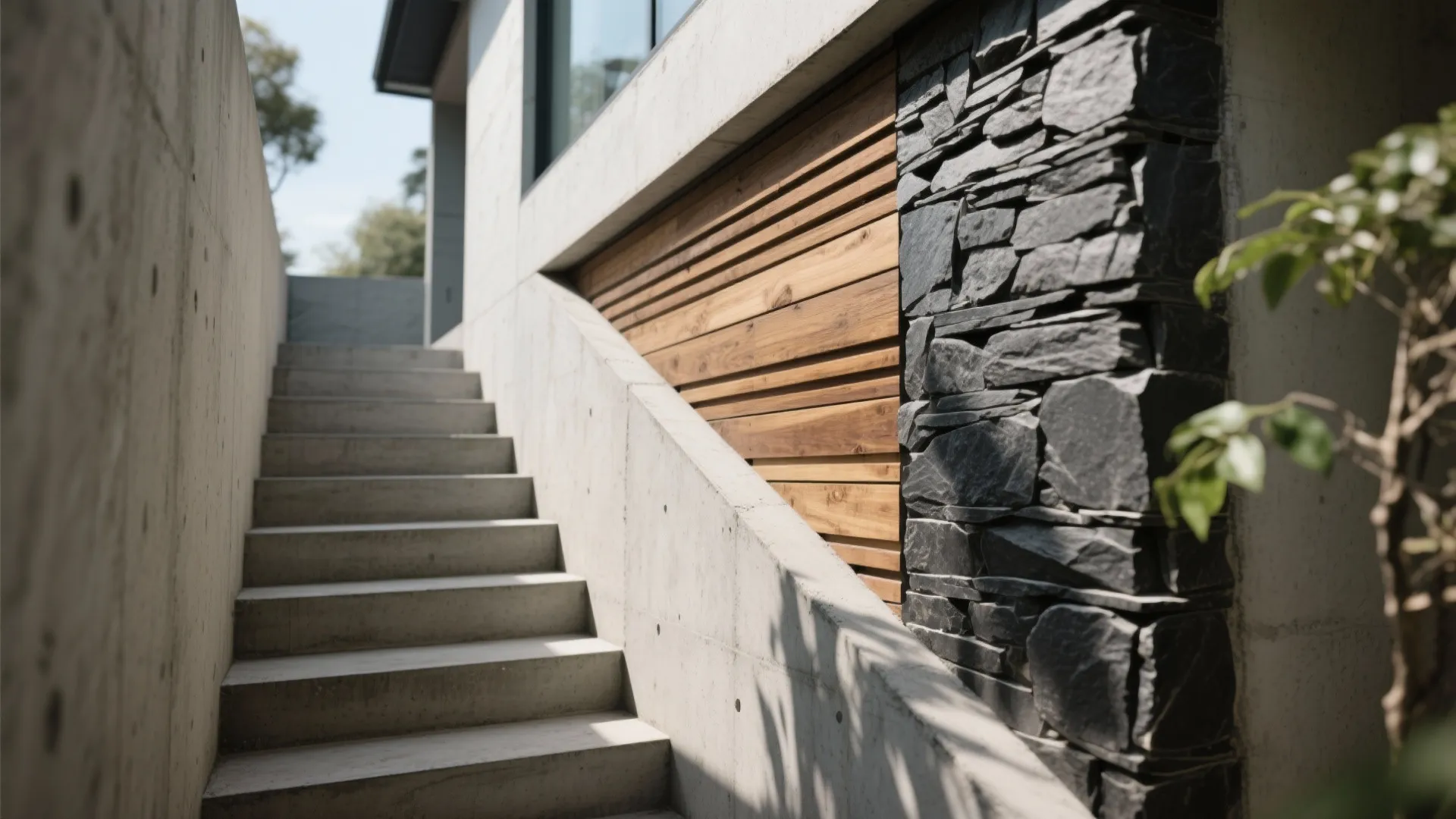 Layered Materials for a Textured Outside Staircase Wall
