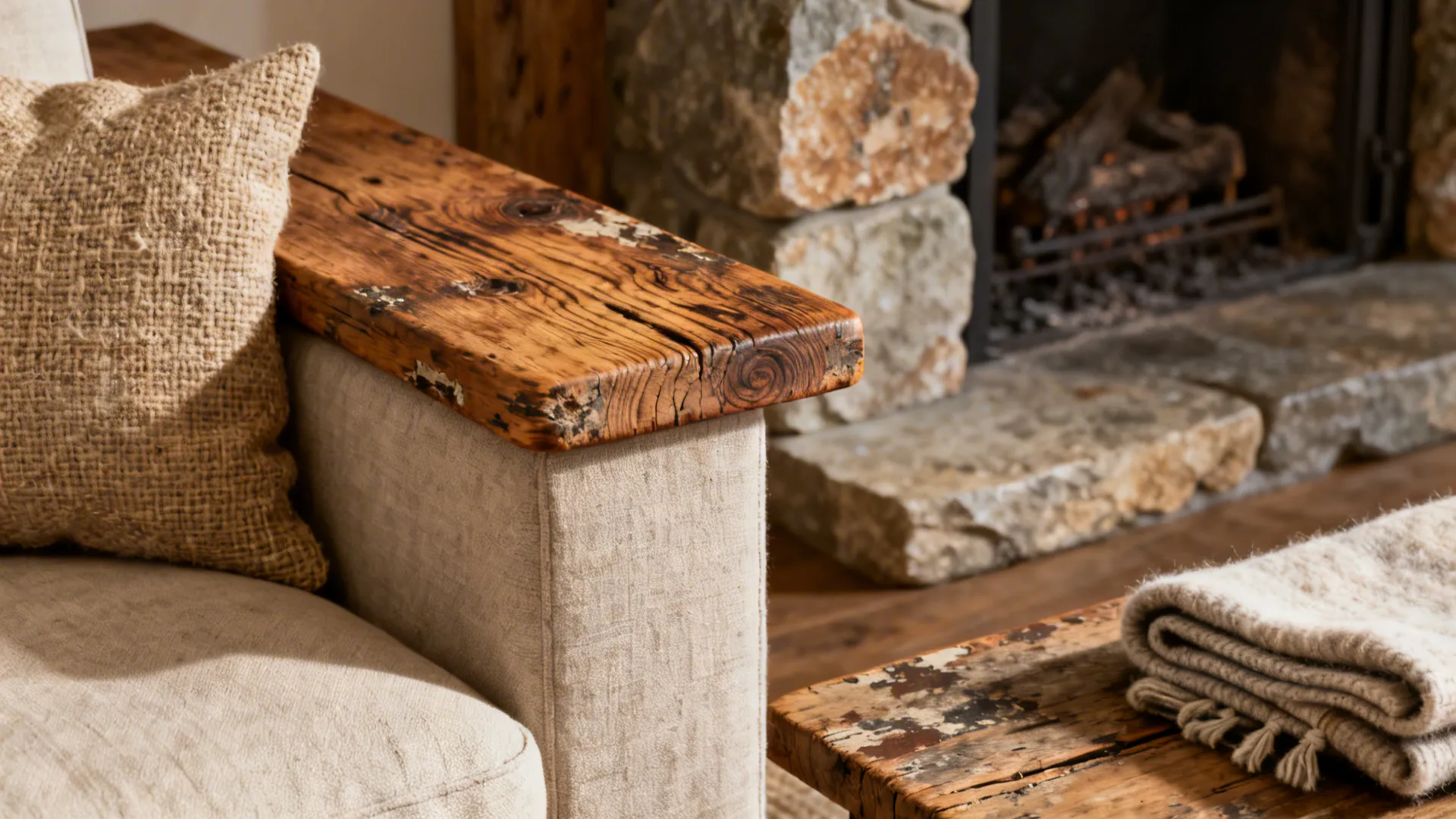 Close-up of linen upholstery, worn oak grain, and faux-stone hearth details.