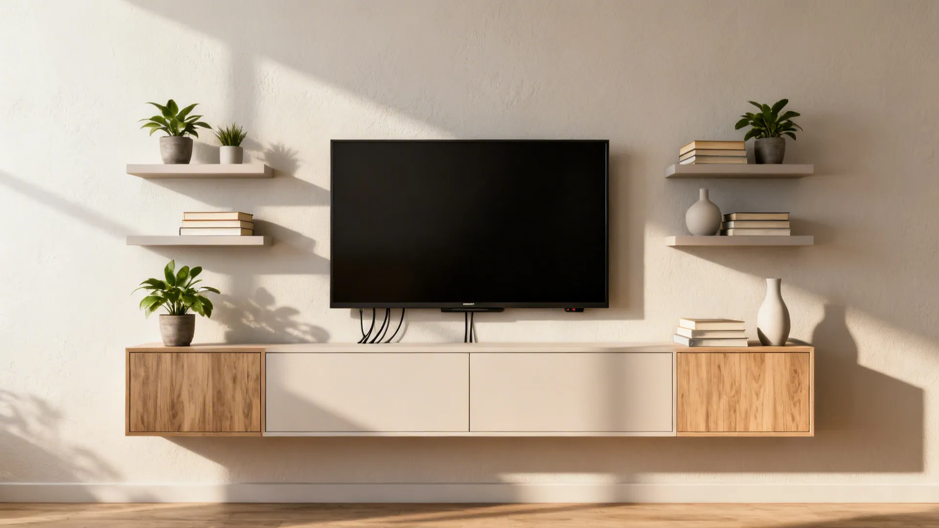 Layered media wall with wall-mounted TV, floating shelves and slim cabinets in a small living room.