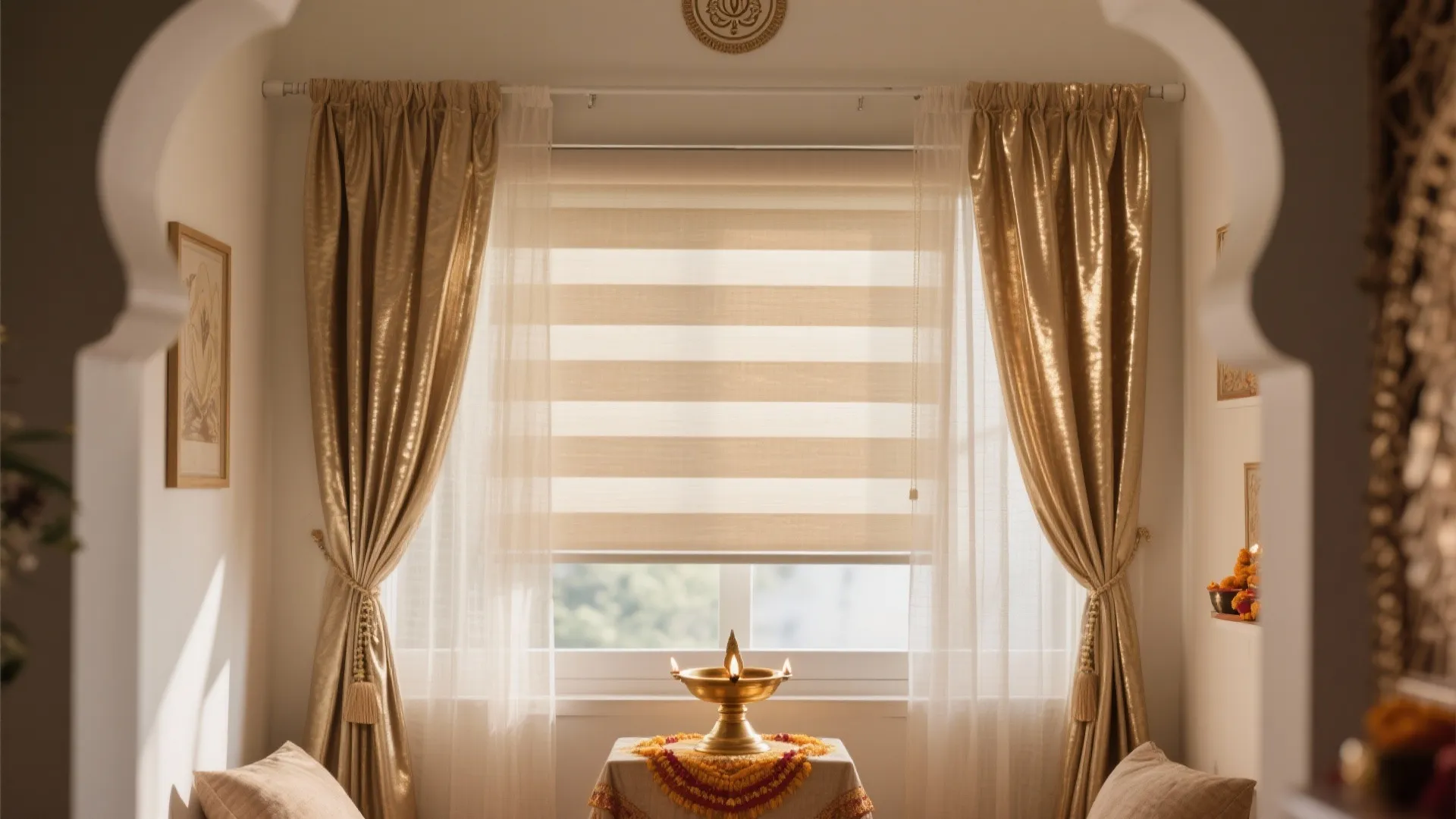 Pooja room window with a light-filtering blind and champagne metallic sheer creating a soft glow.