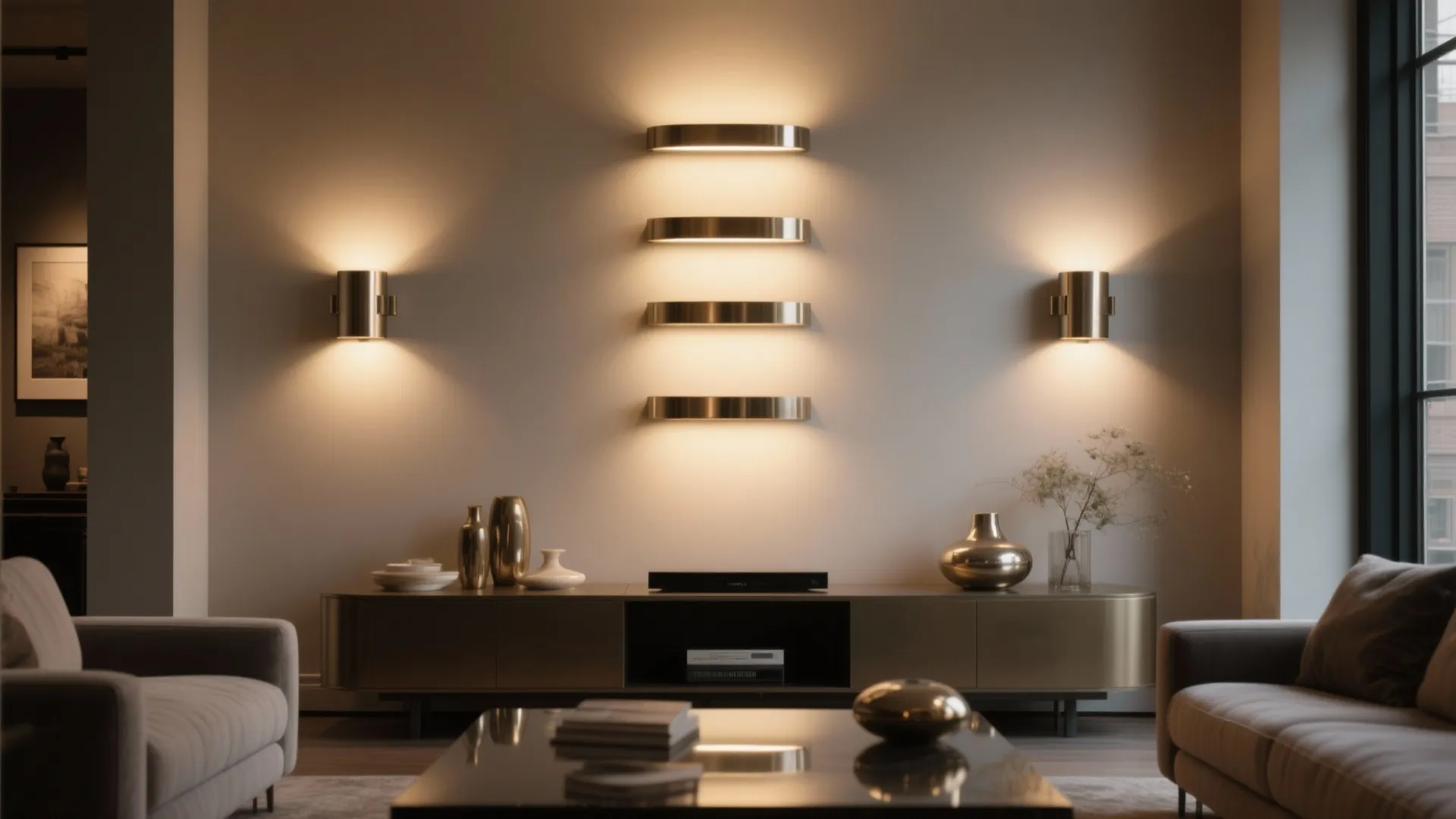 Modern living room with dark sofas wood cabinet and several glowing gold wall lights displayed