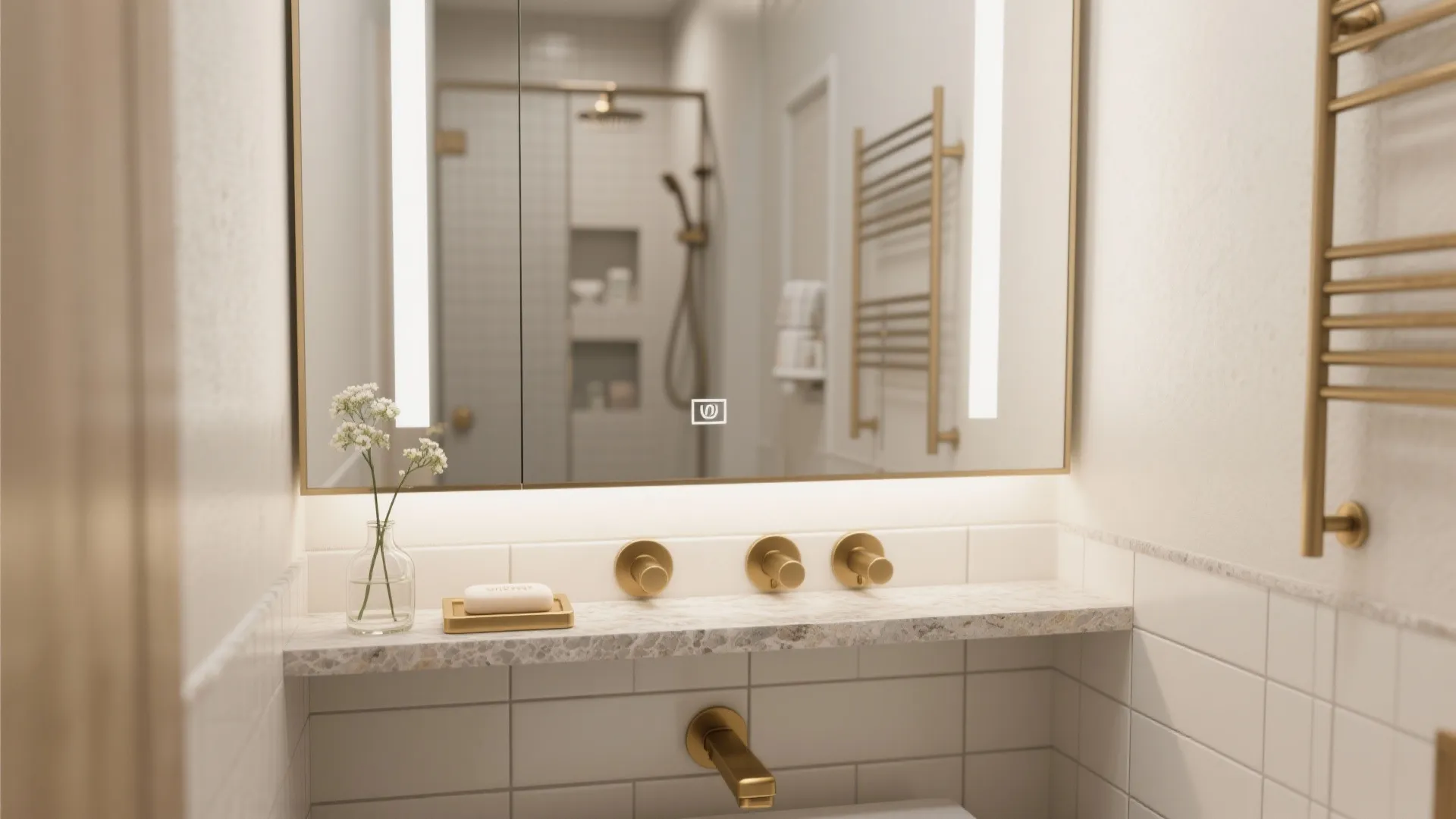 Modern bathroom mirror cabinet with gold water taps and white tiles on a stone shelf
