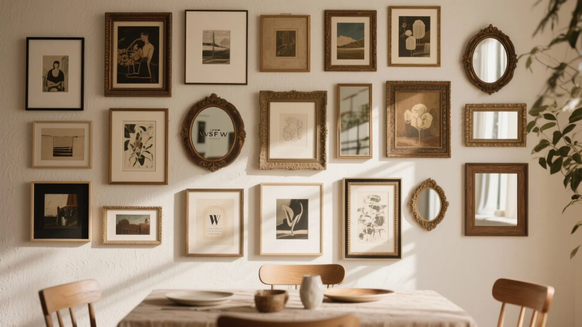 Gallery wall with various picture frames and small mirrors above a dining table with chairs