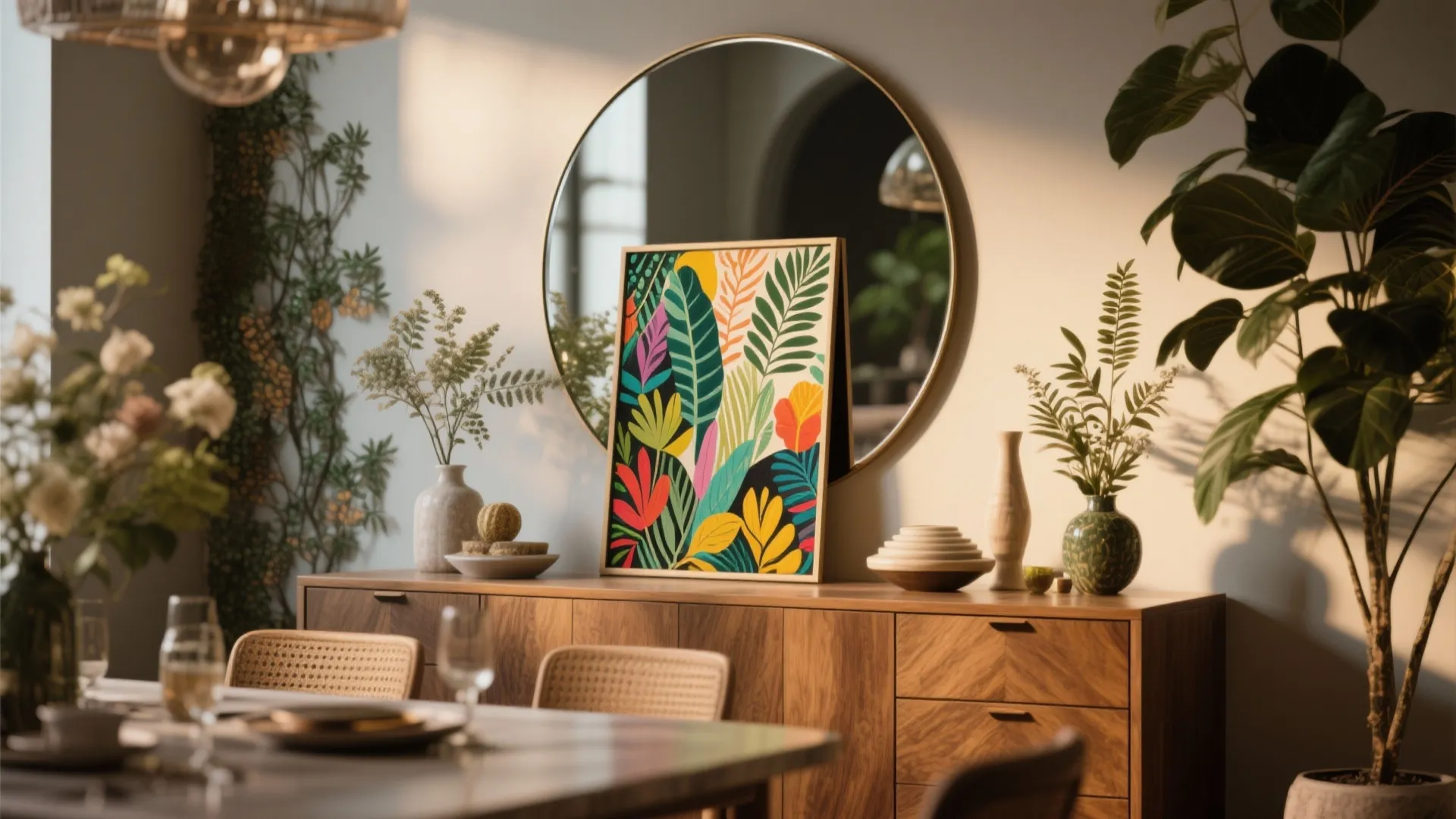 Round mirror on wooden cabinet with colorful leaf art and green plants in a dining room