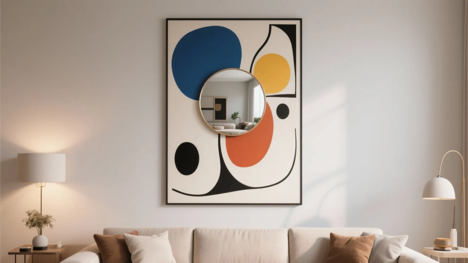 Small round mirror layered over large modern artwork in living room.