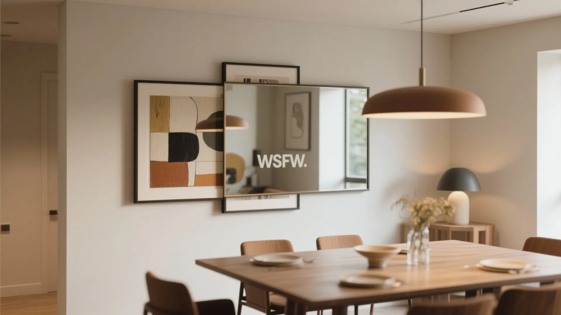 Artwork overlapping a wall mirror for layered style