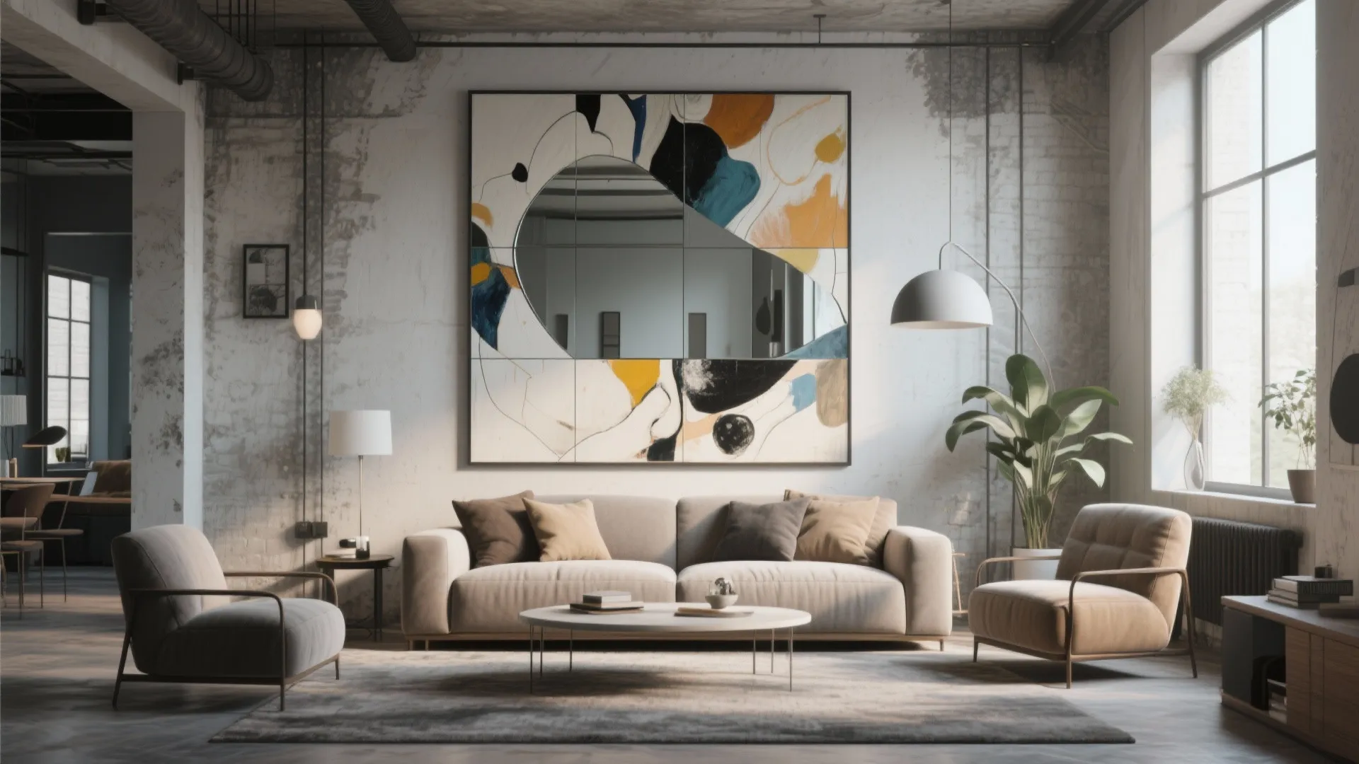 Loft living room with layered mirror over artwork