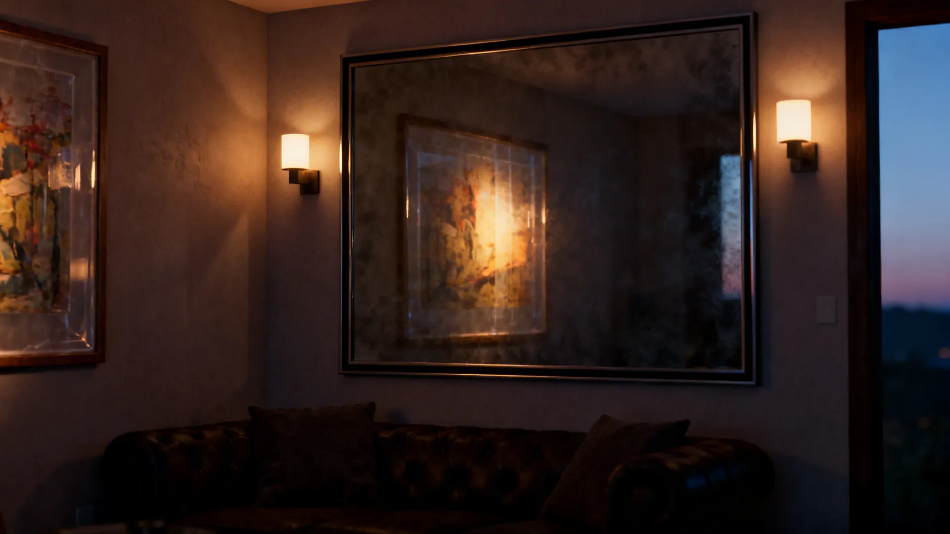 5. Layered mirrors with art and lighting