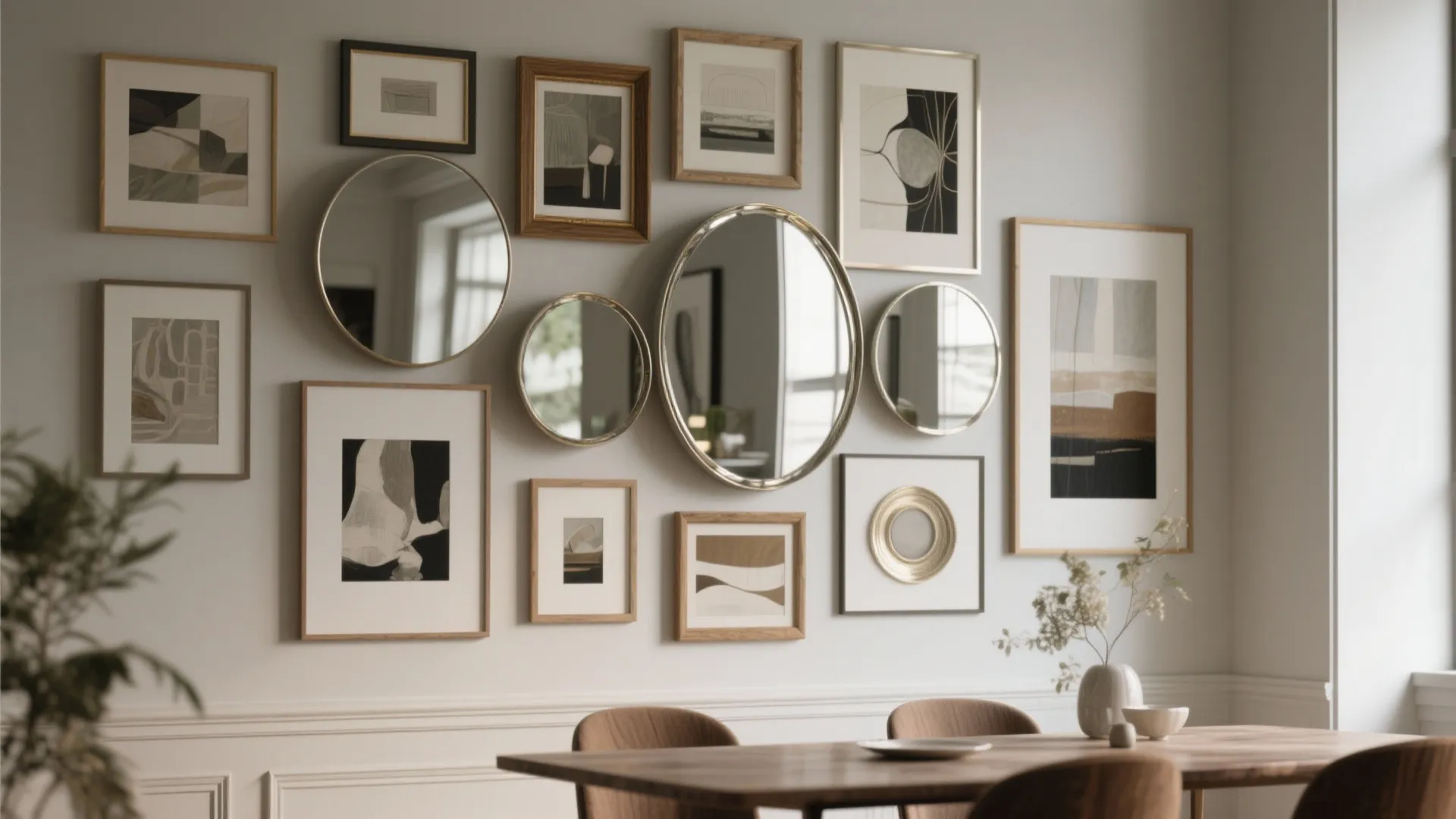 A gallery wall above a dining table featuring round mirrors and framed art in neutral