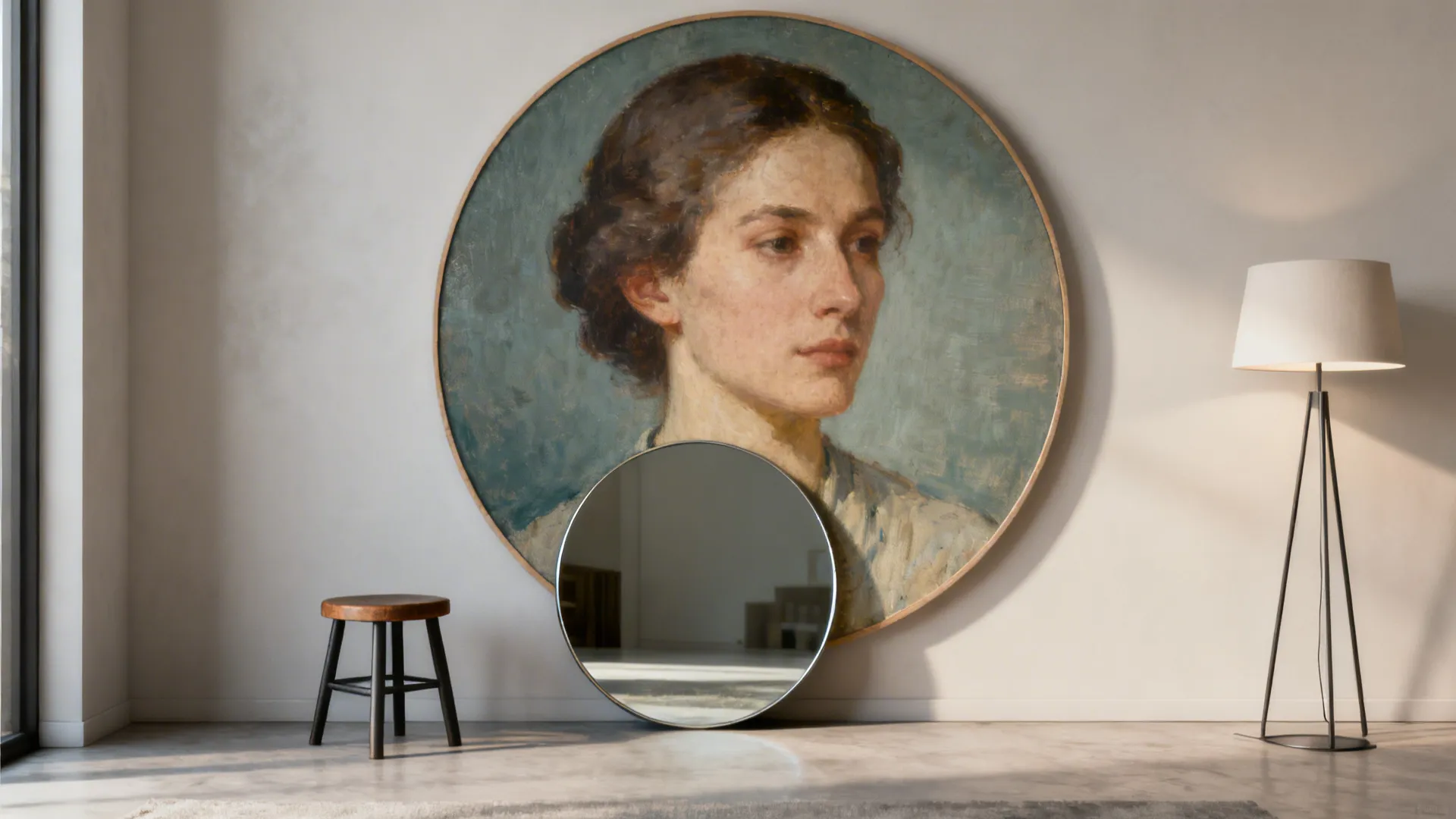 Layered round composition with a small mirror over a larger circular print in a living room setting