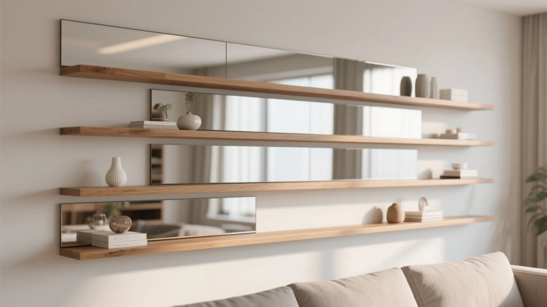1. Layered Mirror Panels Behind Floating Shelves