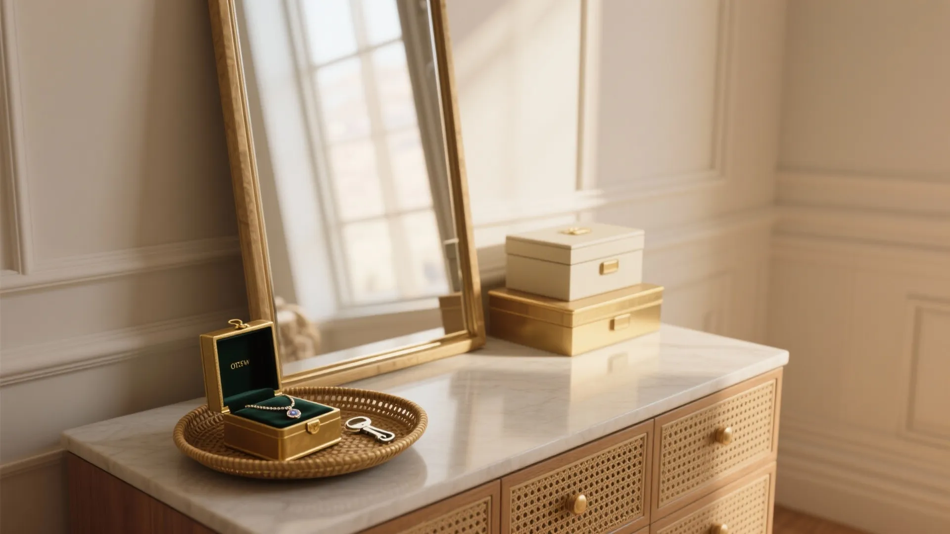 2. Layered Mirror and Tray: Depth with Function