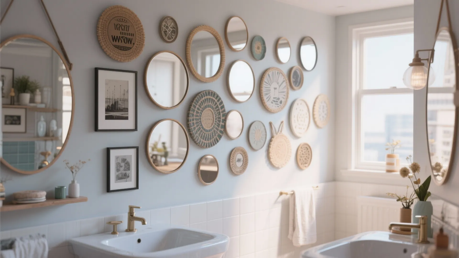 Bathroom wall decorated with many round mirrors and woven plates above white sink with gold faucet