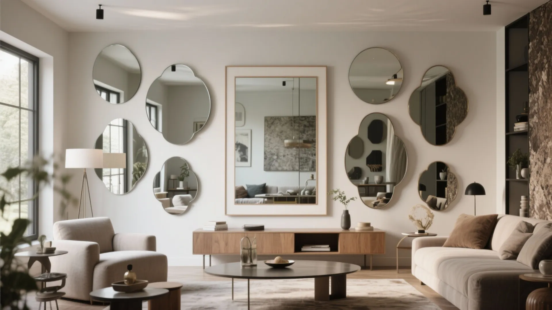 Layered mirrors with mixed textures in modern living room