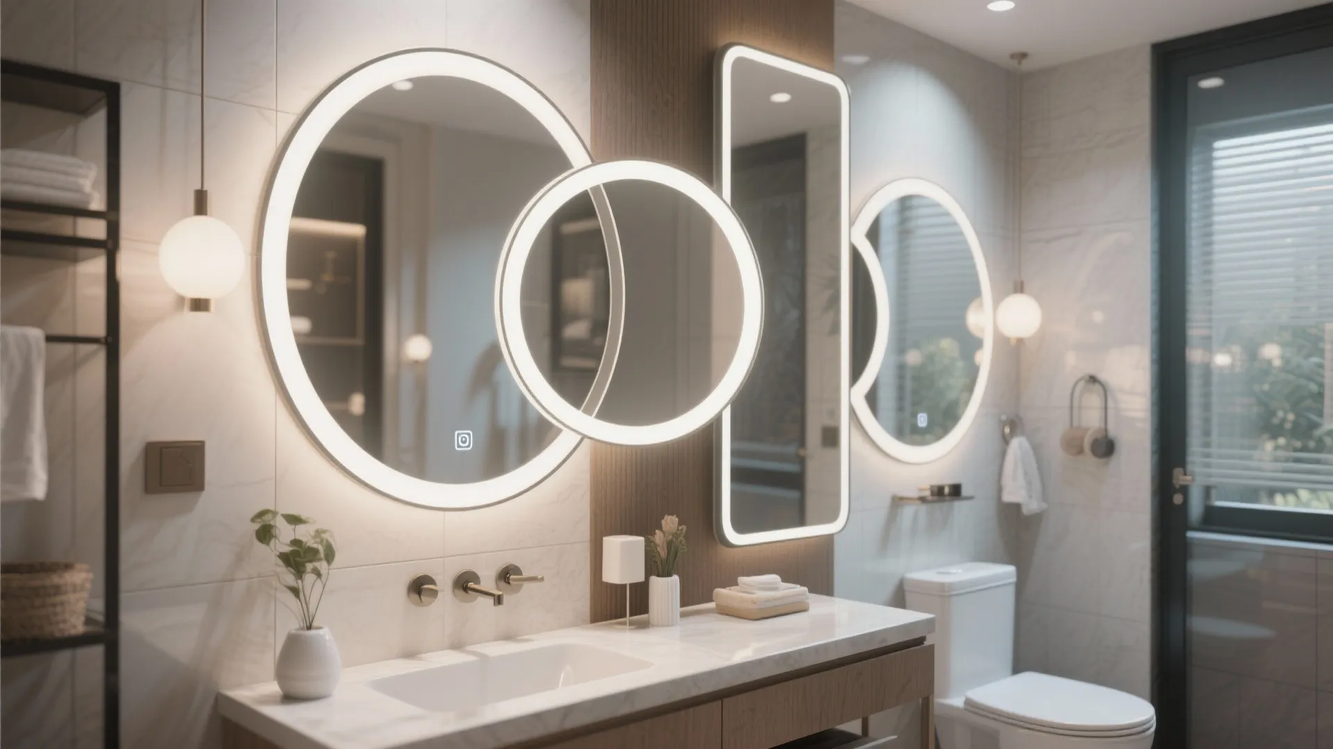 Bathroom with round mirror overlapping a tall rectangular mirror