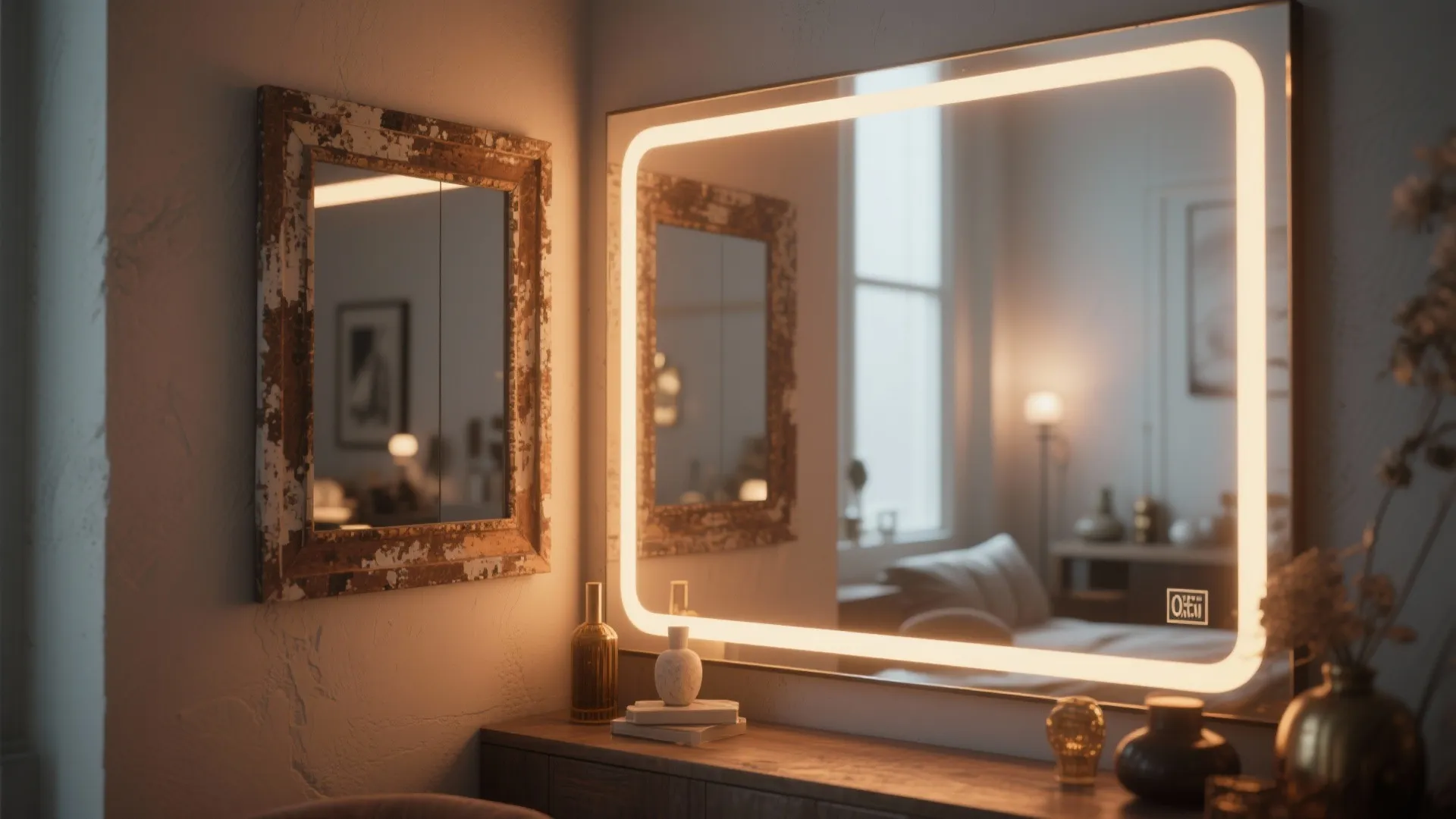 Modern mirror with light border on wooden cabinet next to small rustic mirror on wall