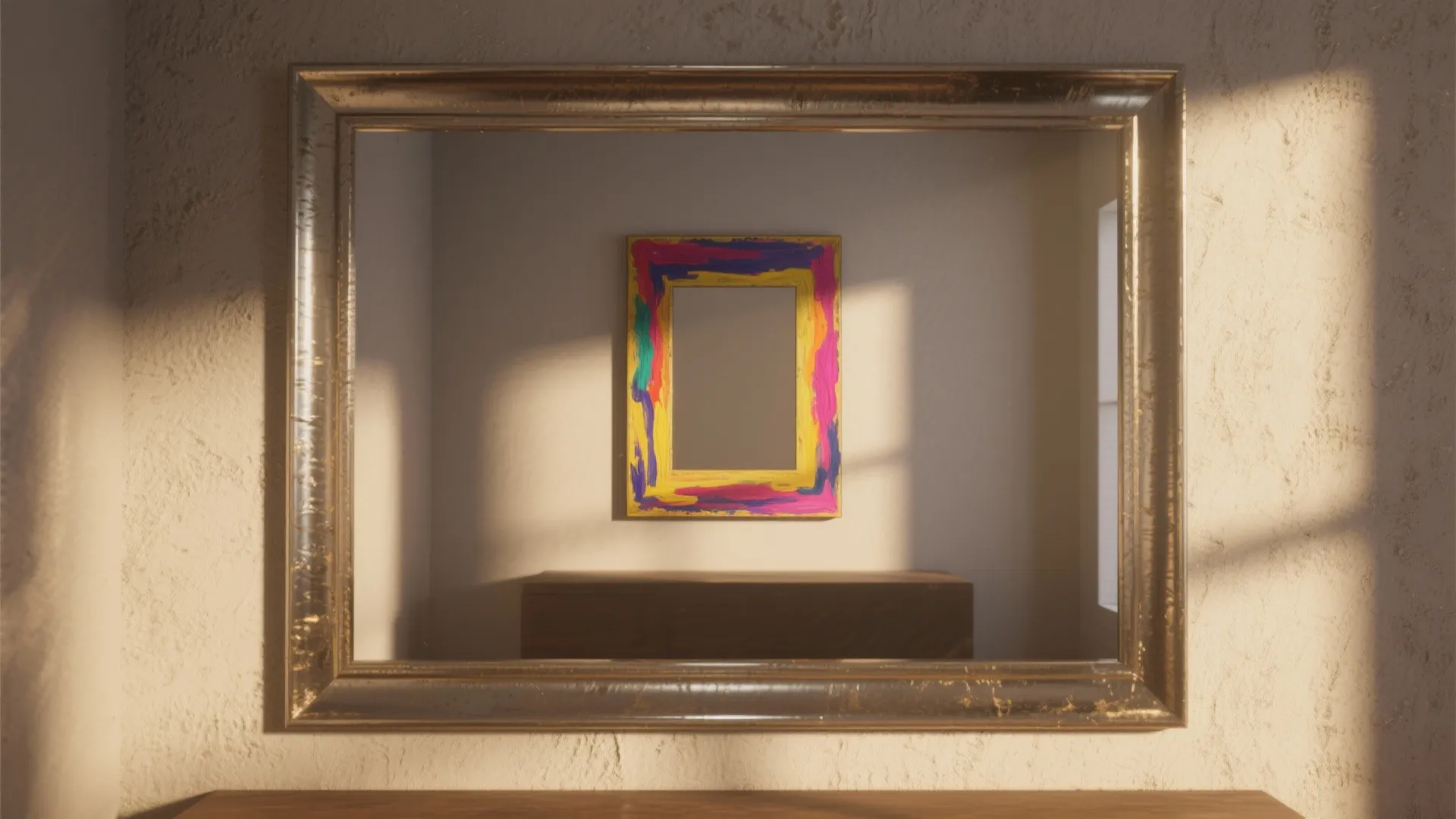 Layered mirror arrangement with a smaller painted mirror featuring a bold border centered over a larger mirror for depth.