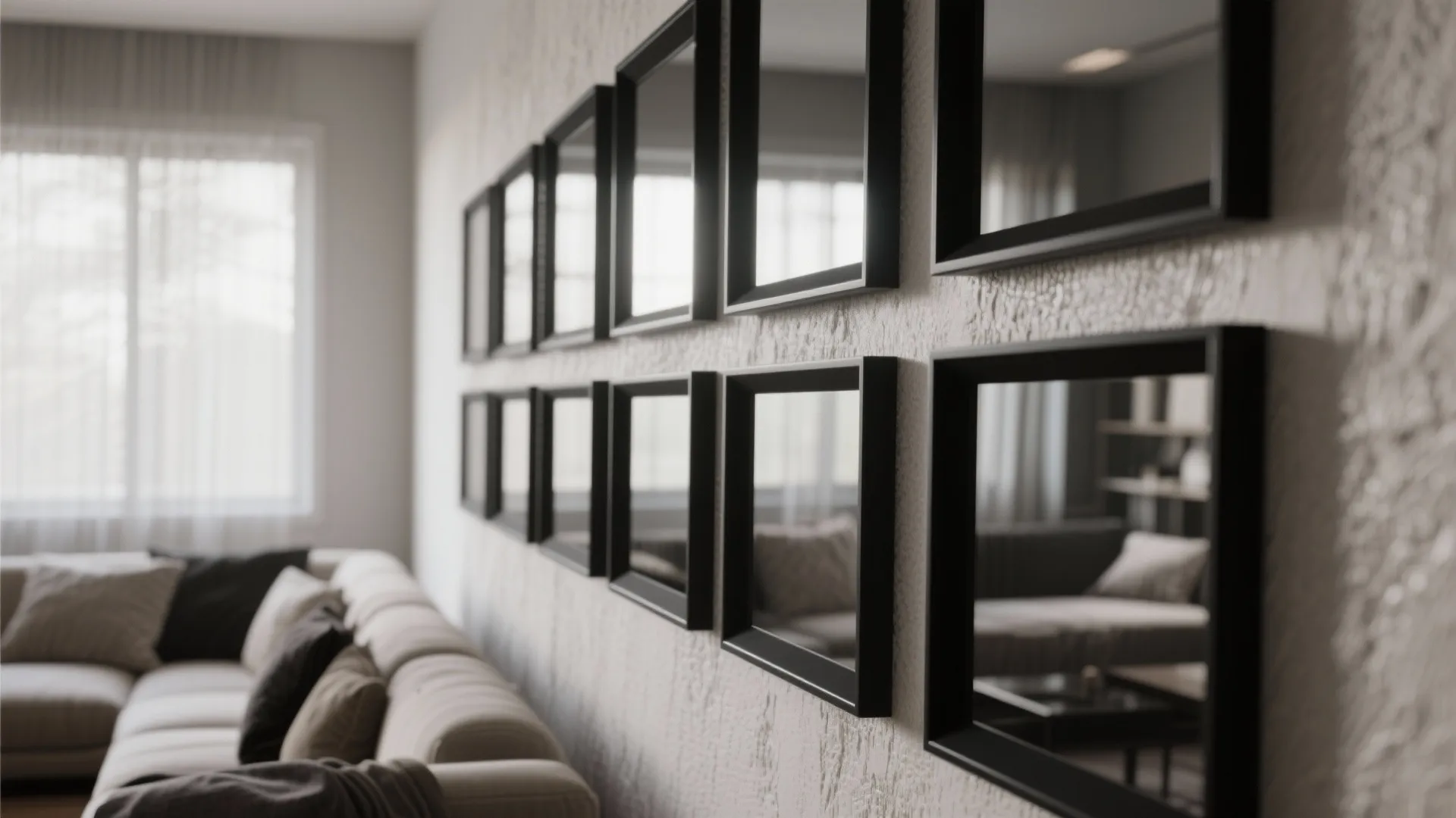 Layered black mirrors staggered for depth in a narrow living area