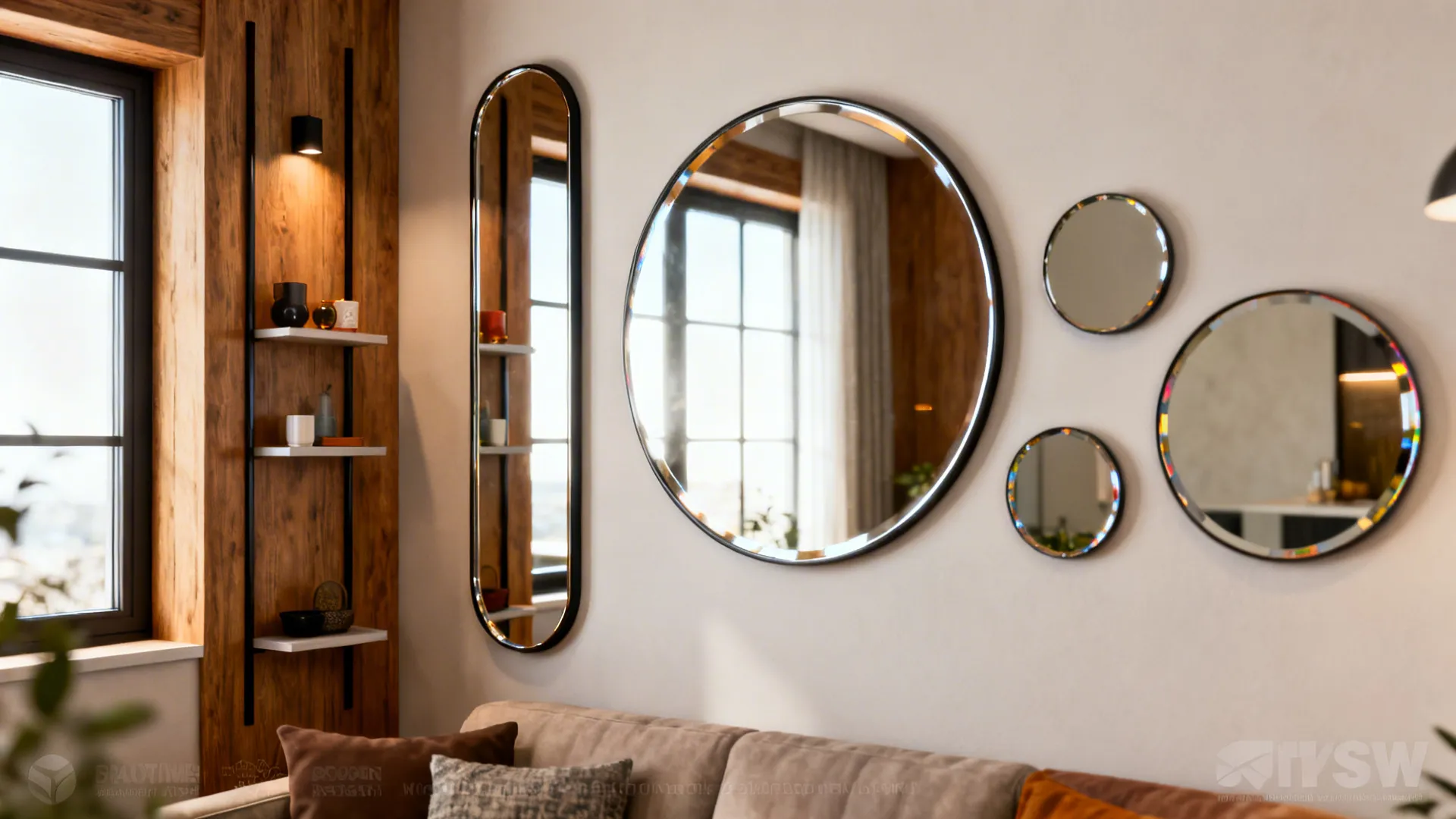Layered mirrors and narrow shelves on a small living room wall reflecting light and depth.