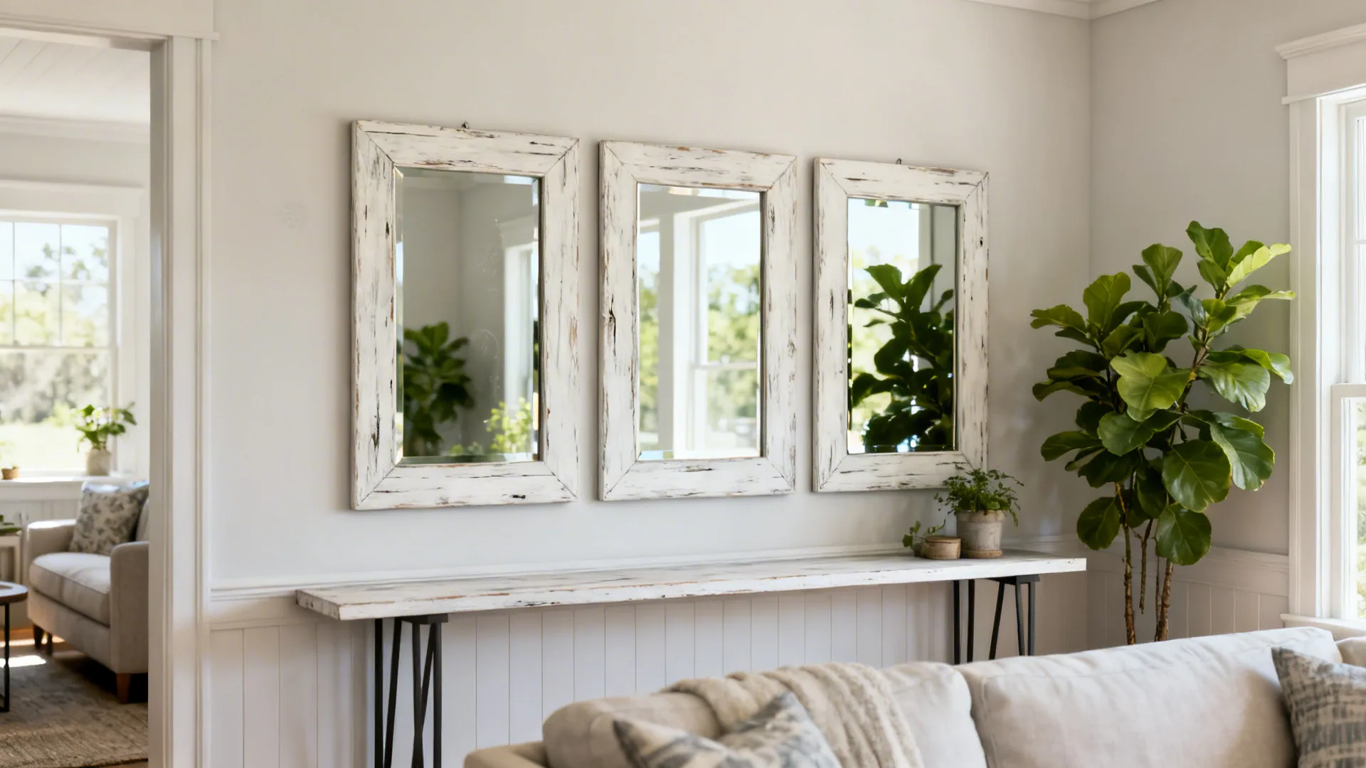 Three whitewashed wood framed mirrors above a console reflecting light in a small living room