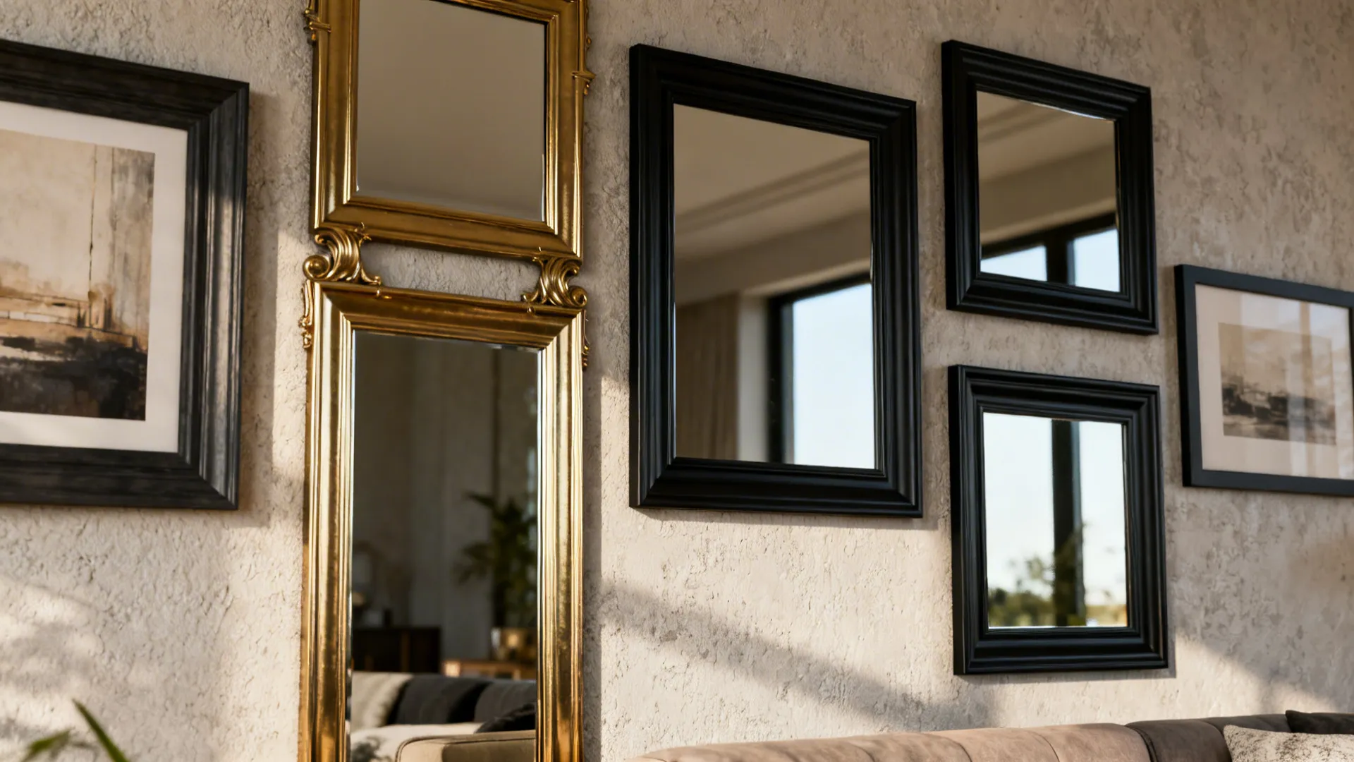 Layered gallery wall with a brass full-length mirror and matte black accent mirrors for texture and depth.