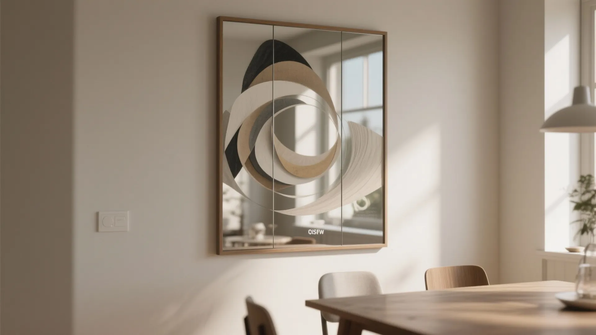 Layered mirror and artwork adding depth to dining wall