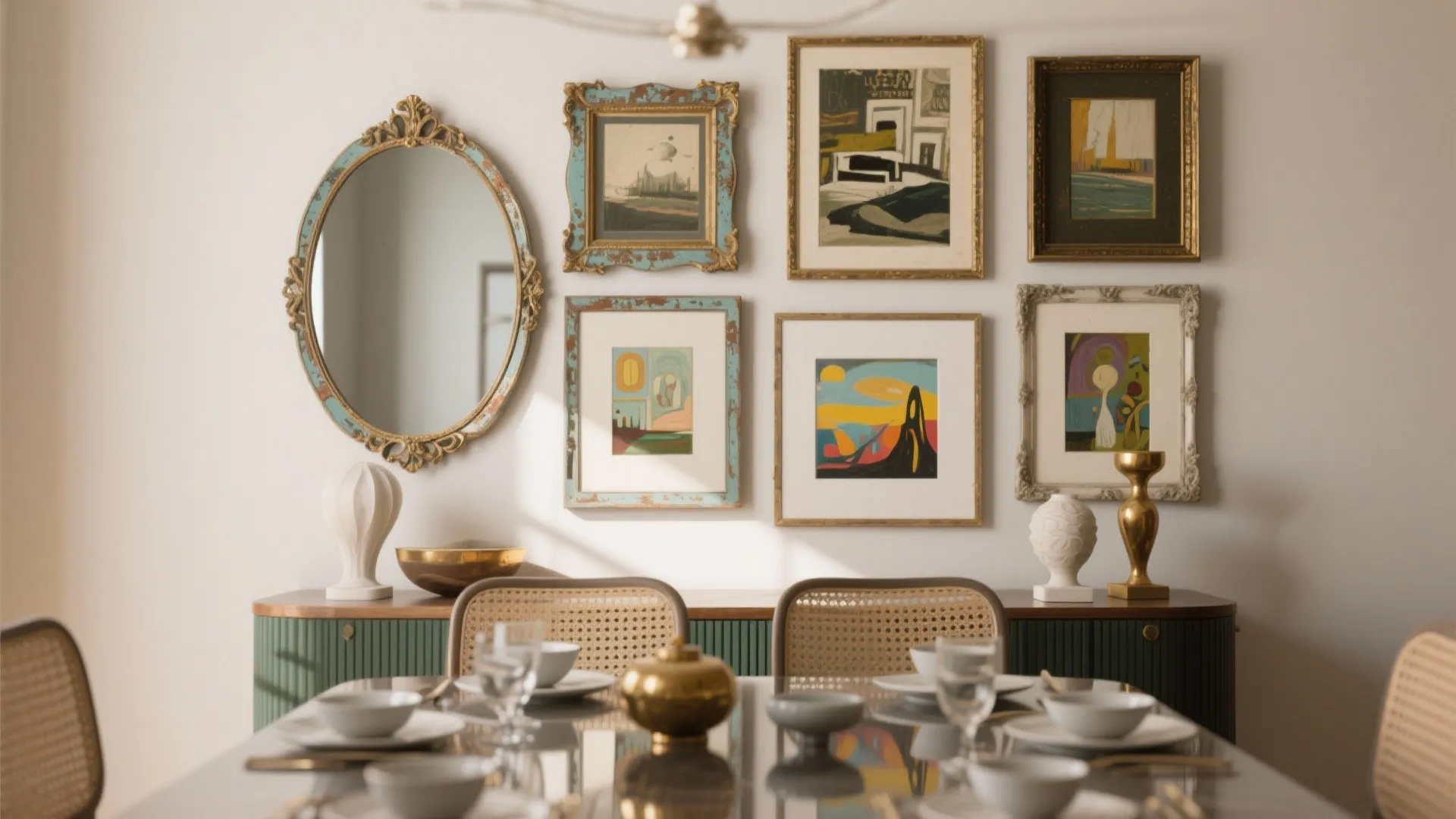 5. Layered Mirrors with Art for a Curated Wall