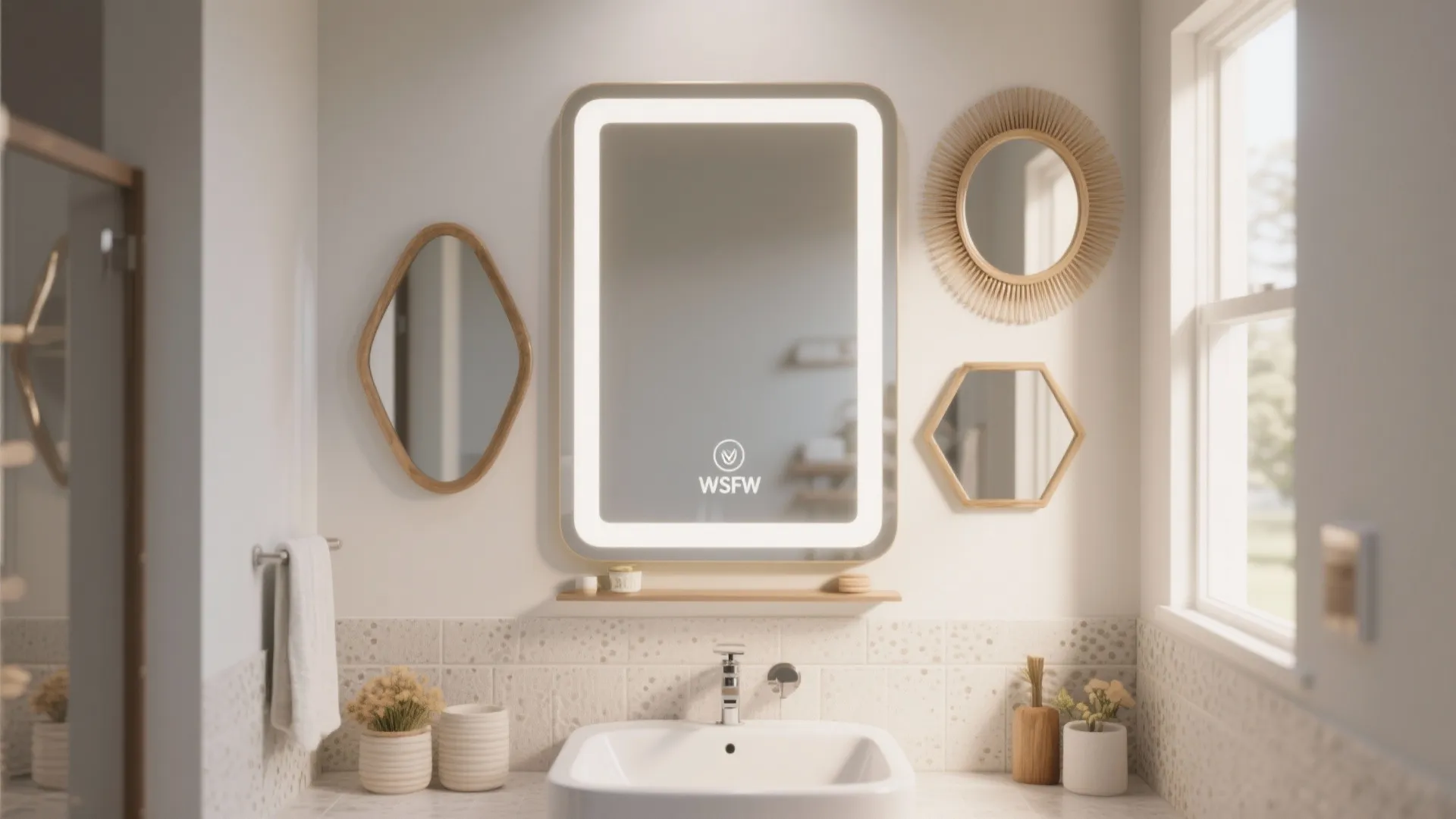 Bathroom vanity mirror with smaller decorative mirrors arranged around