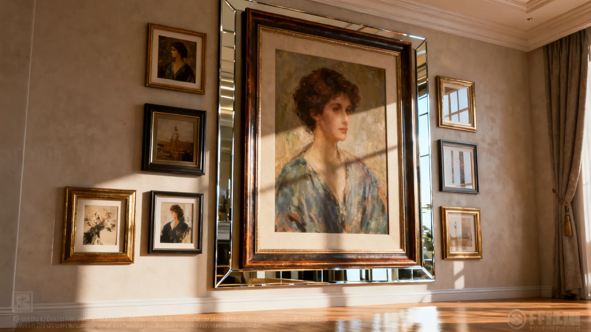 Oversized artwork layered with a slim mirror and smaller prints to play with scale and reflection.