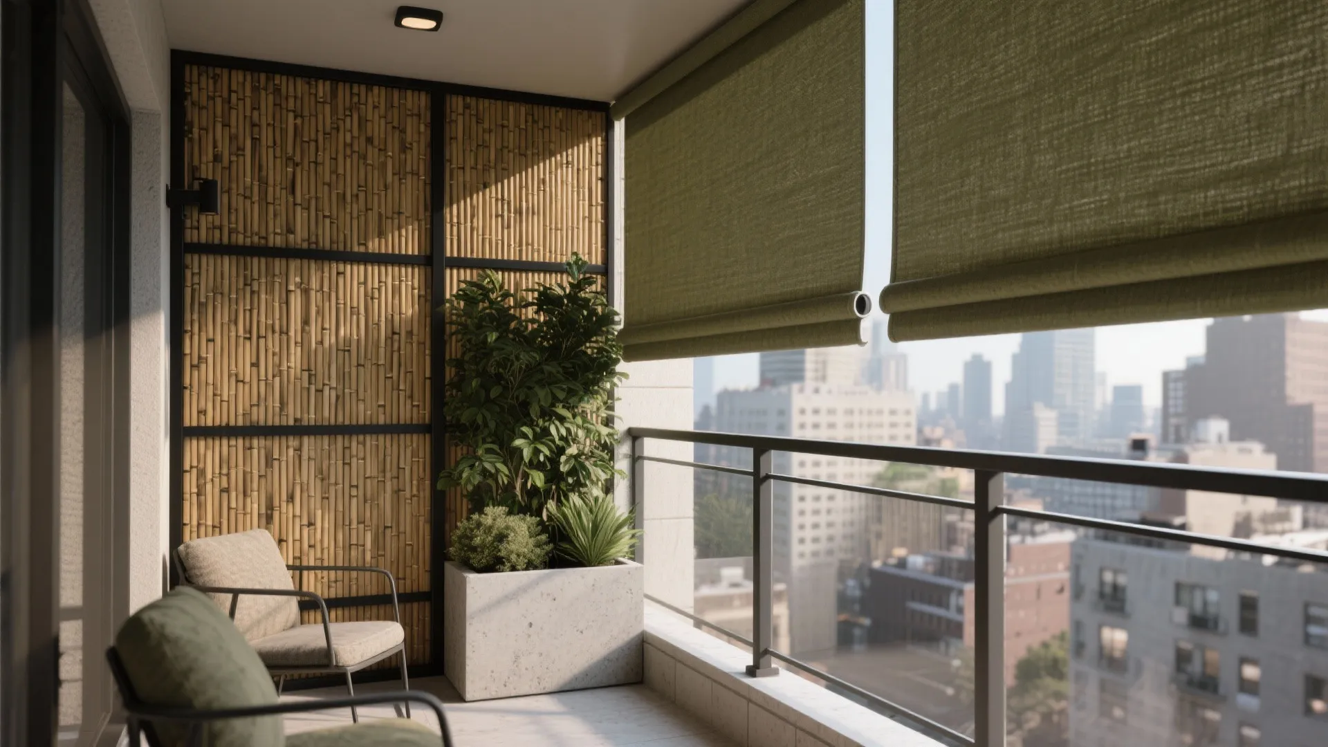 Modern balcony with green roller blinds bamboo wall panel potted plants and city skyline view