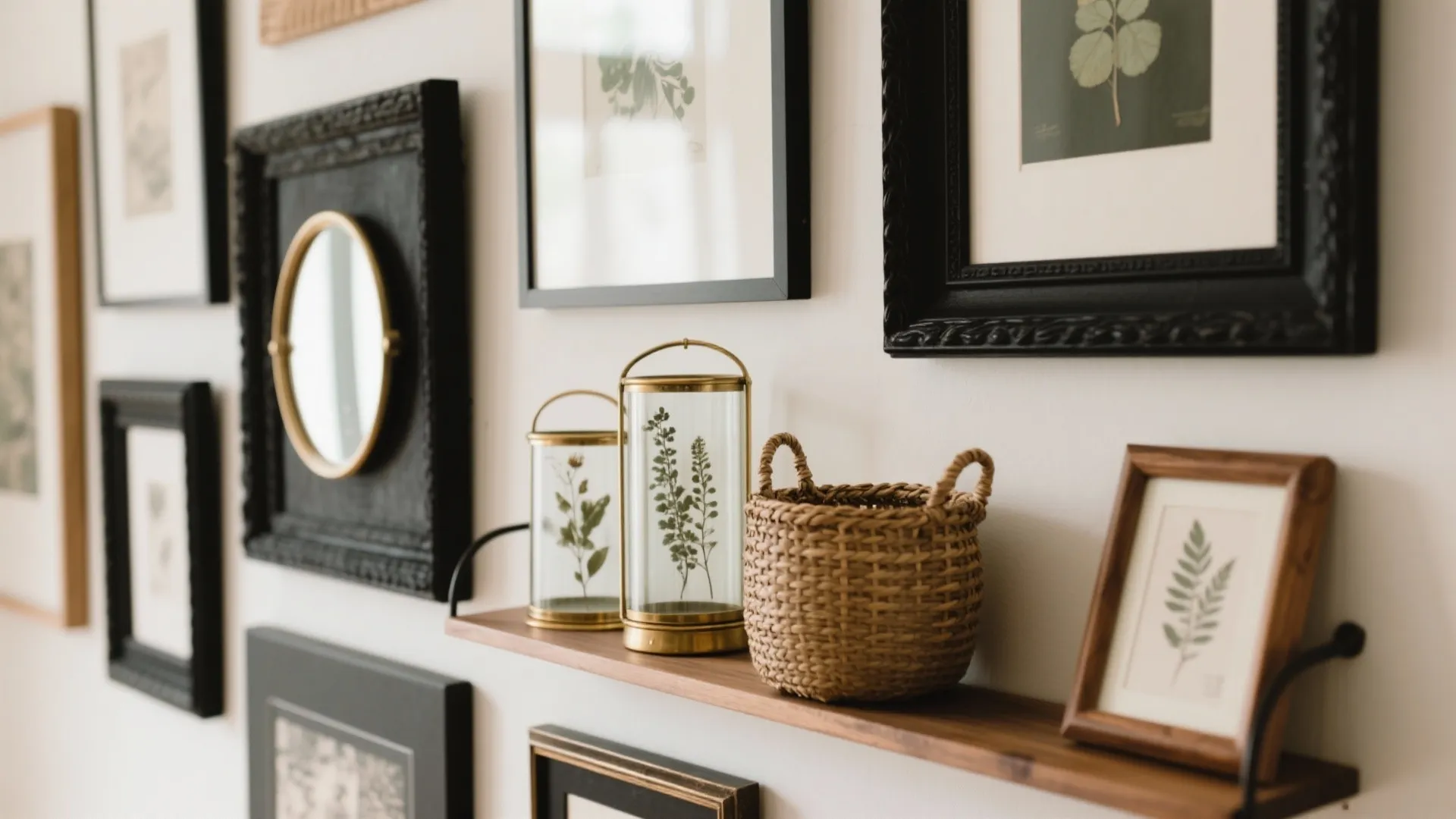 Wall shelf with decorative woven basket glass jars containing green plants and small picture frames