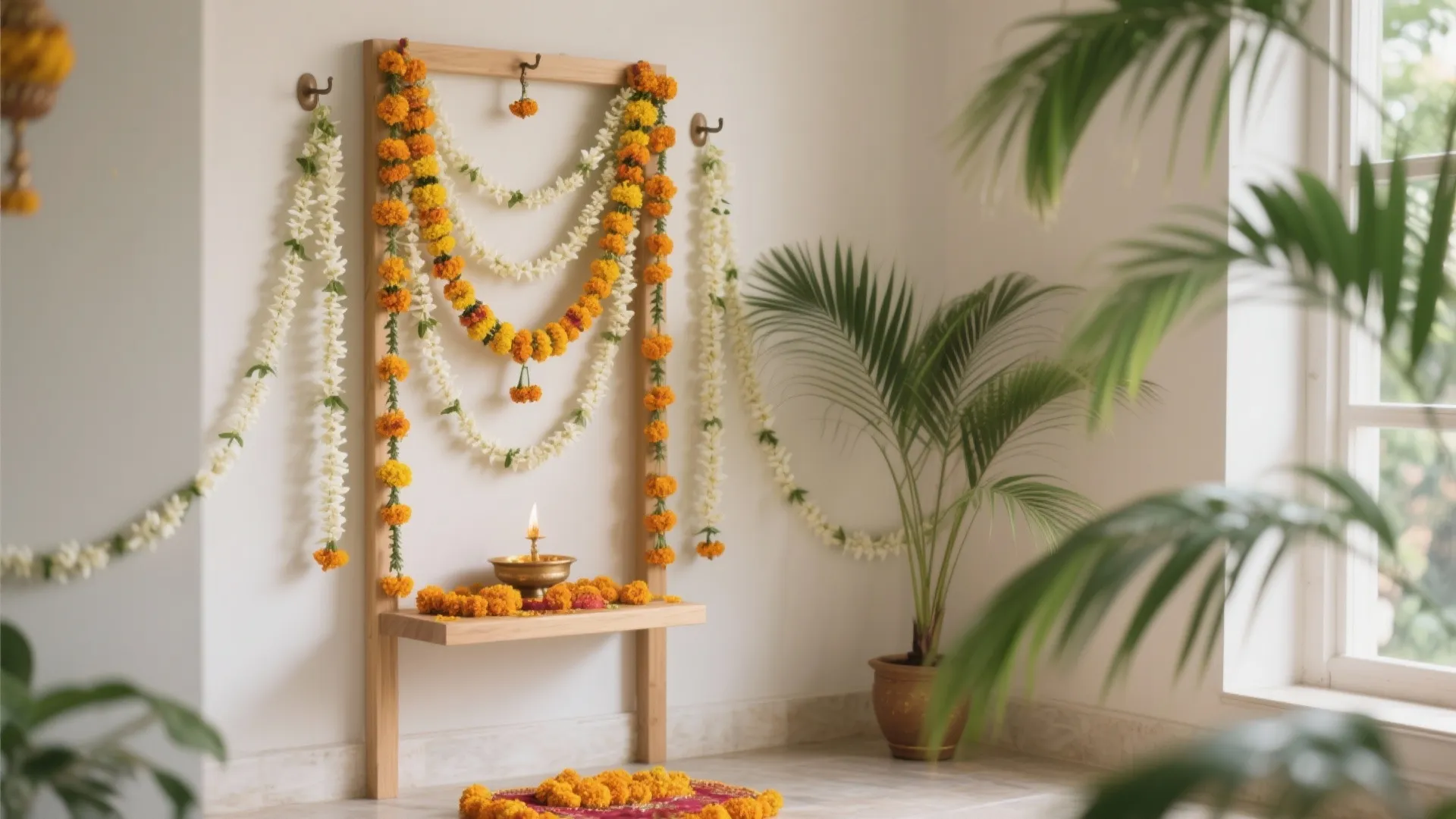 Marigold-Jasmine Layers with Palm Fronds