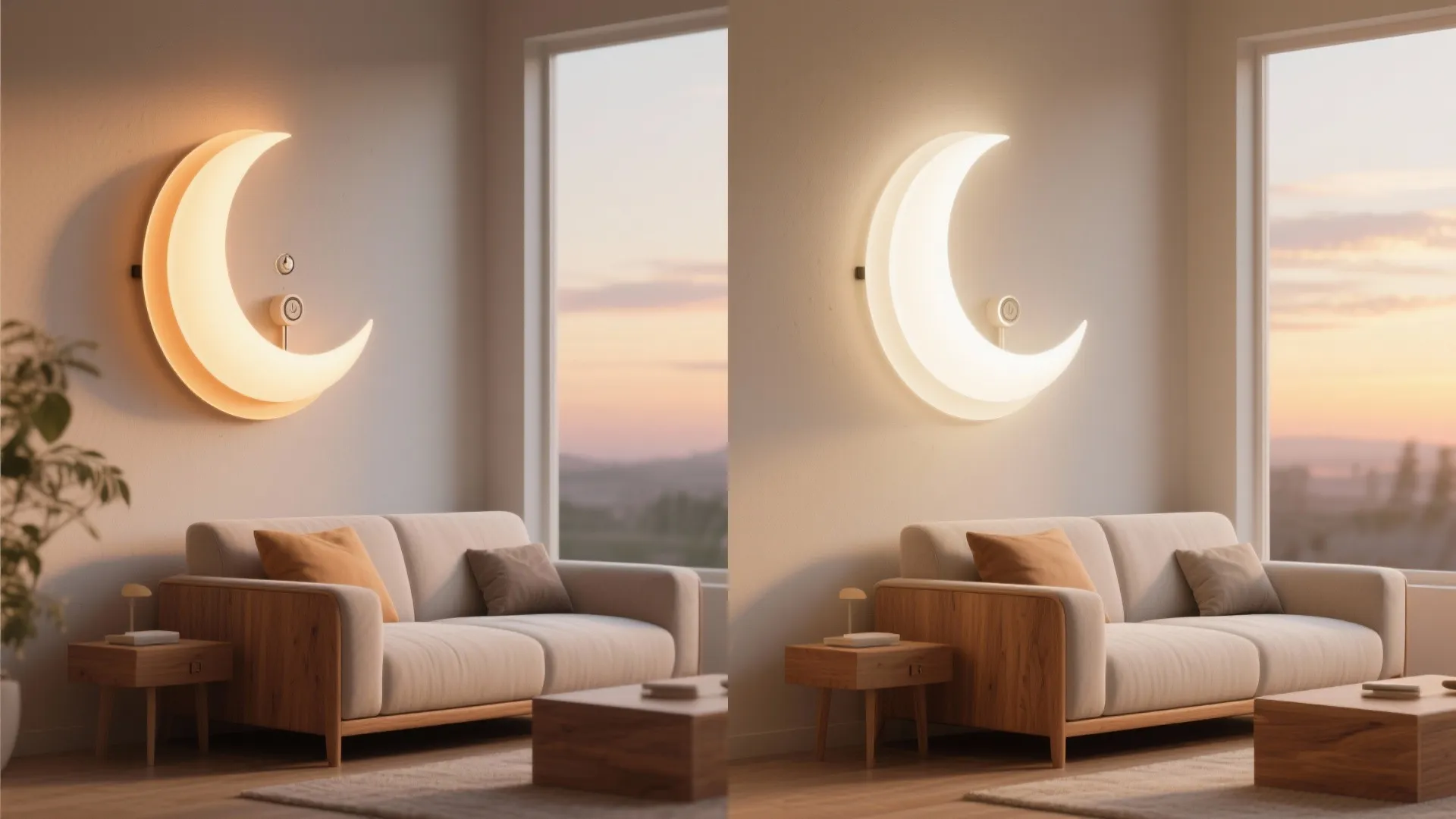 Side by side comparison of a moon wall light showing warm and bright light settings