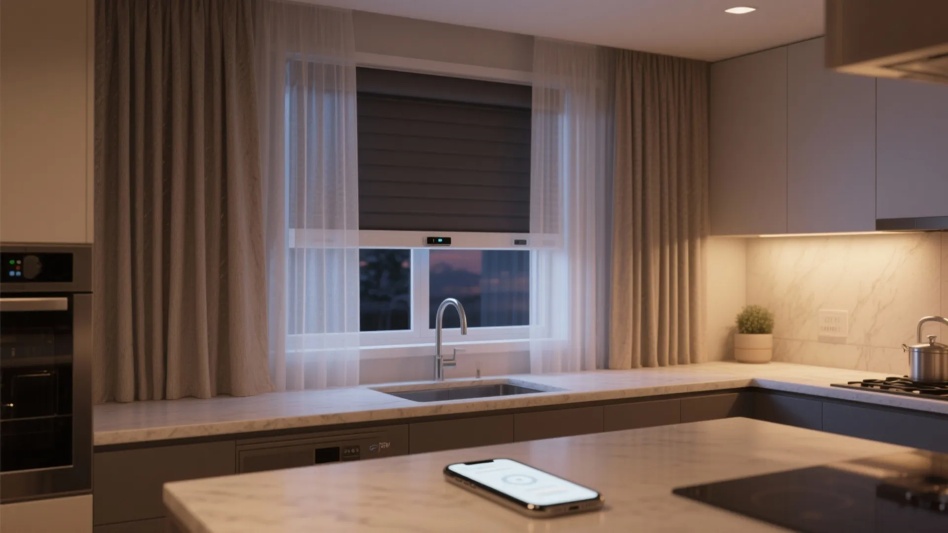 Modern kitchen with smart electric window blinds controlled by mobile phone app on marble island counter
