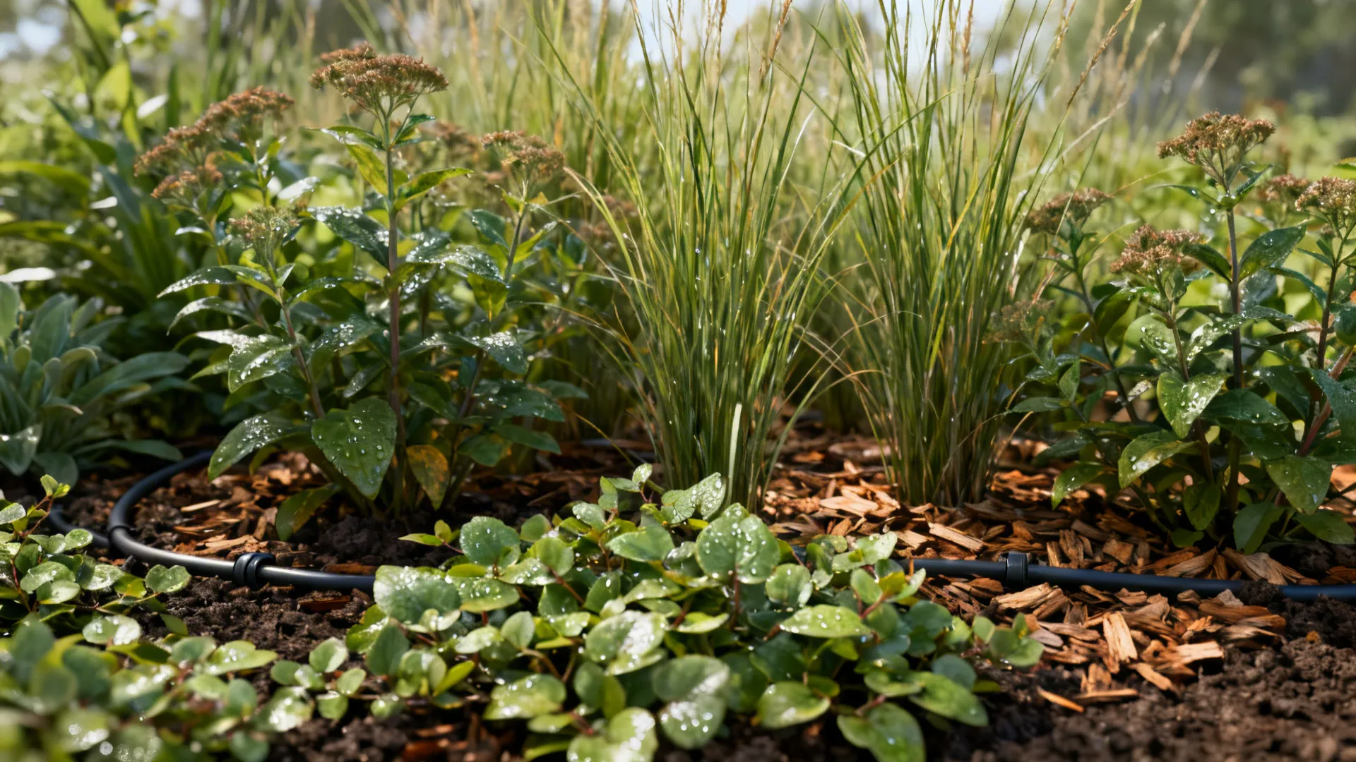 Layered native plant beds with groundcovers, perennials, and ornamental grasses in soft daylight.