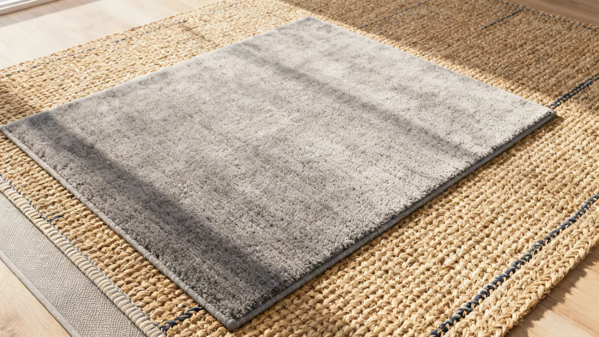 Top-down view of a soft grey rug layered over a natural jute base with visible texture contrast