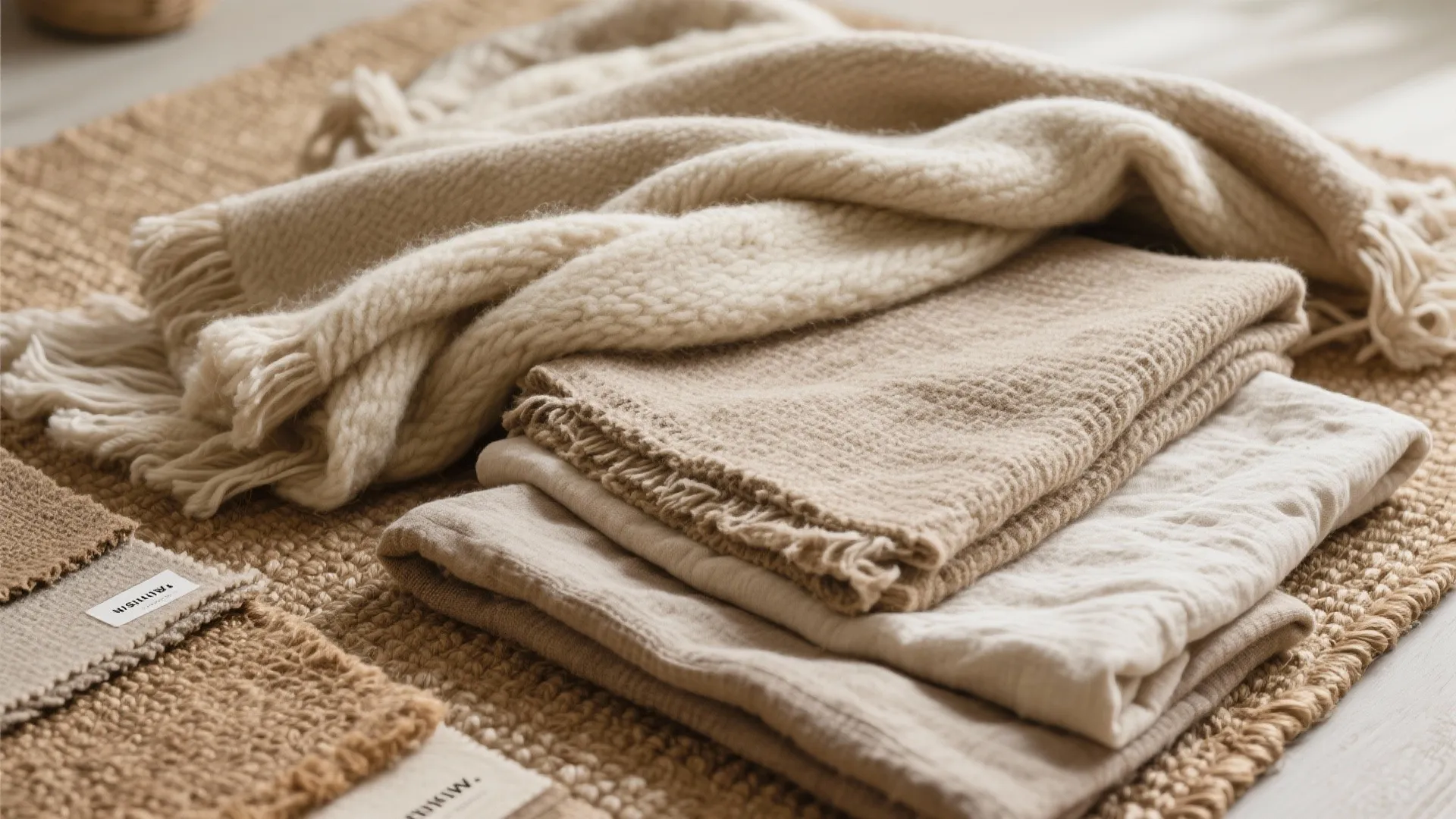 Stacked beige and cream blankets with different textures placed on a textured brown woven rug