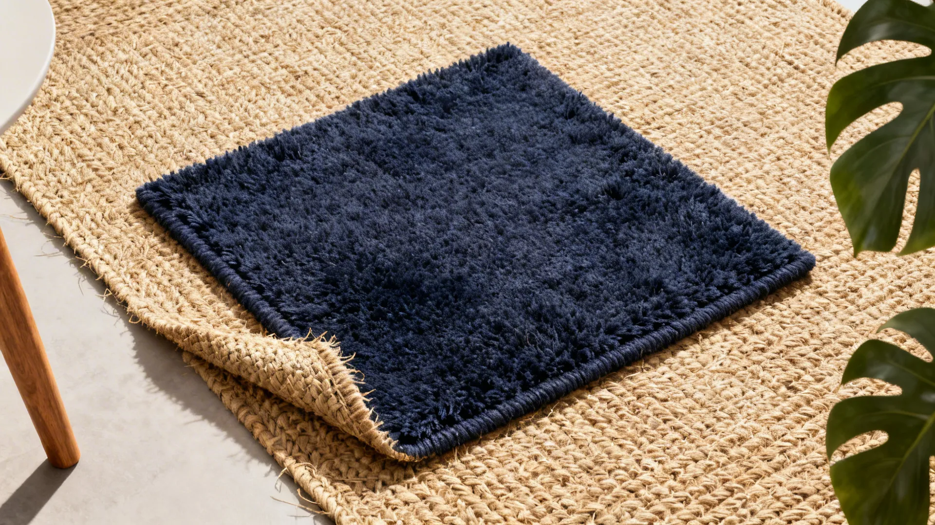 Small navy blue fluffy rug layered over a large tan woven rug on light flooring