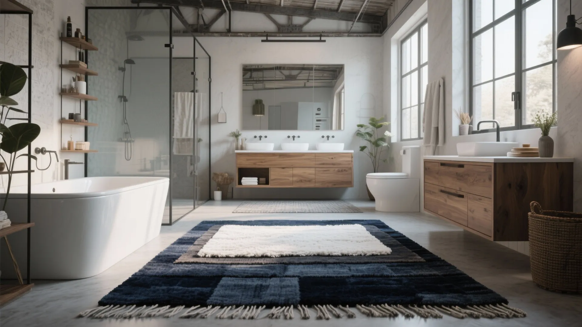 5. Layered rugs: navy base with small white accent rug