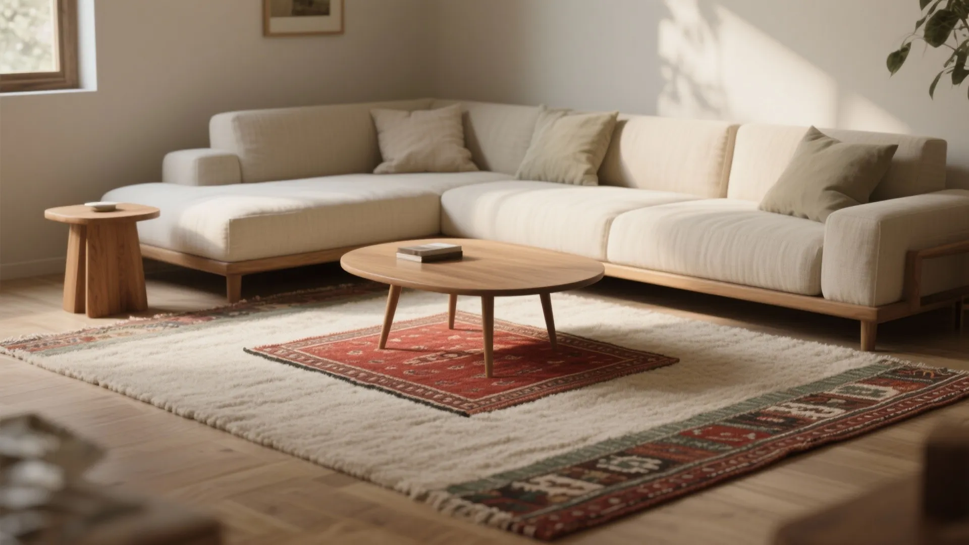 Layered neutrals with a bold accent rug