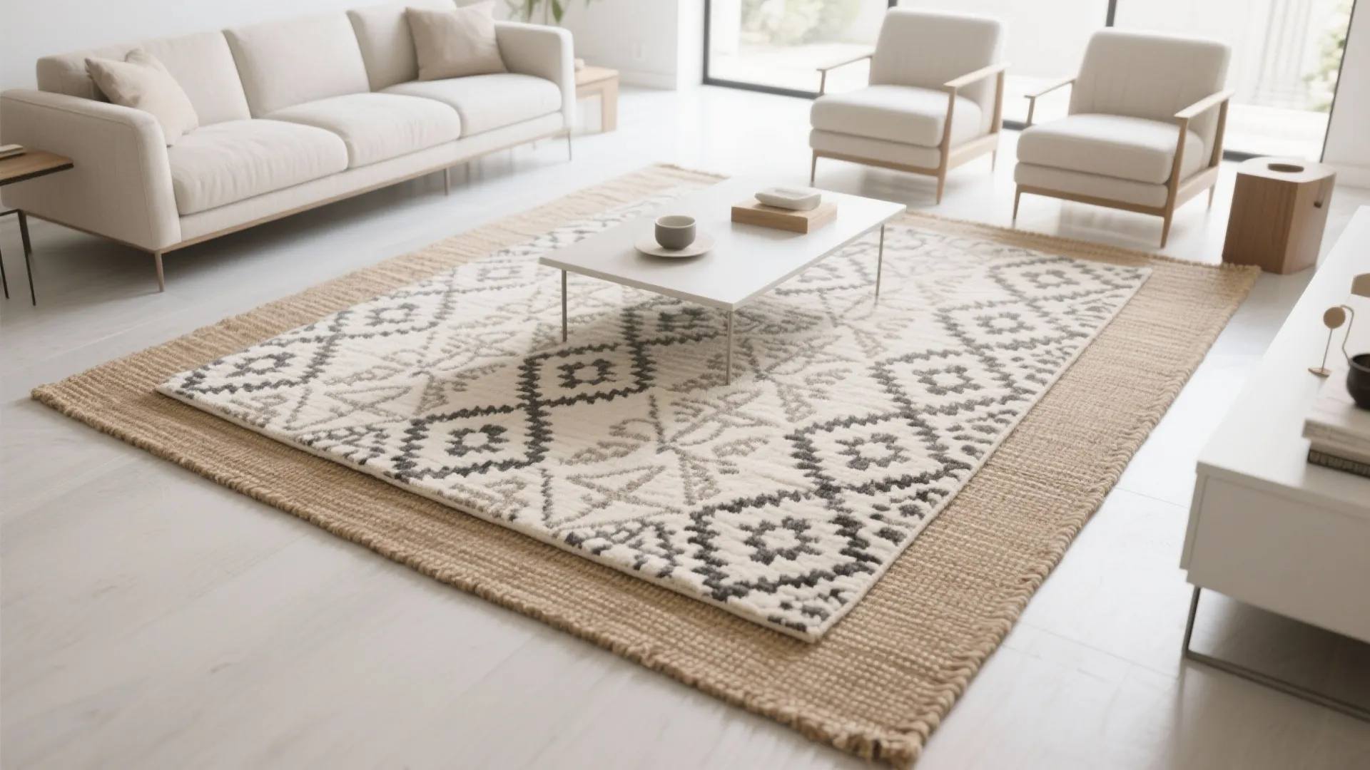 Minimalist living room featuring layered rugs with patterned top and natural base under white table