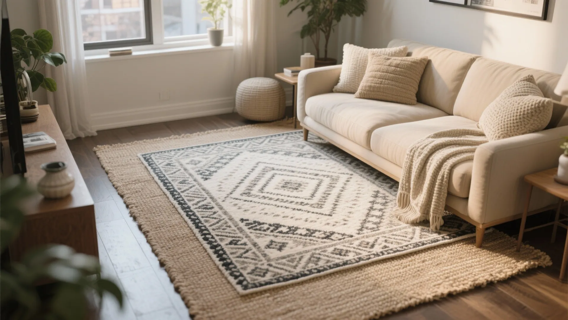 2. Layered Over a Larger Neutral Rug