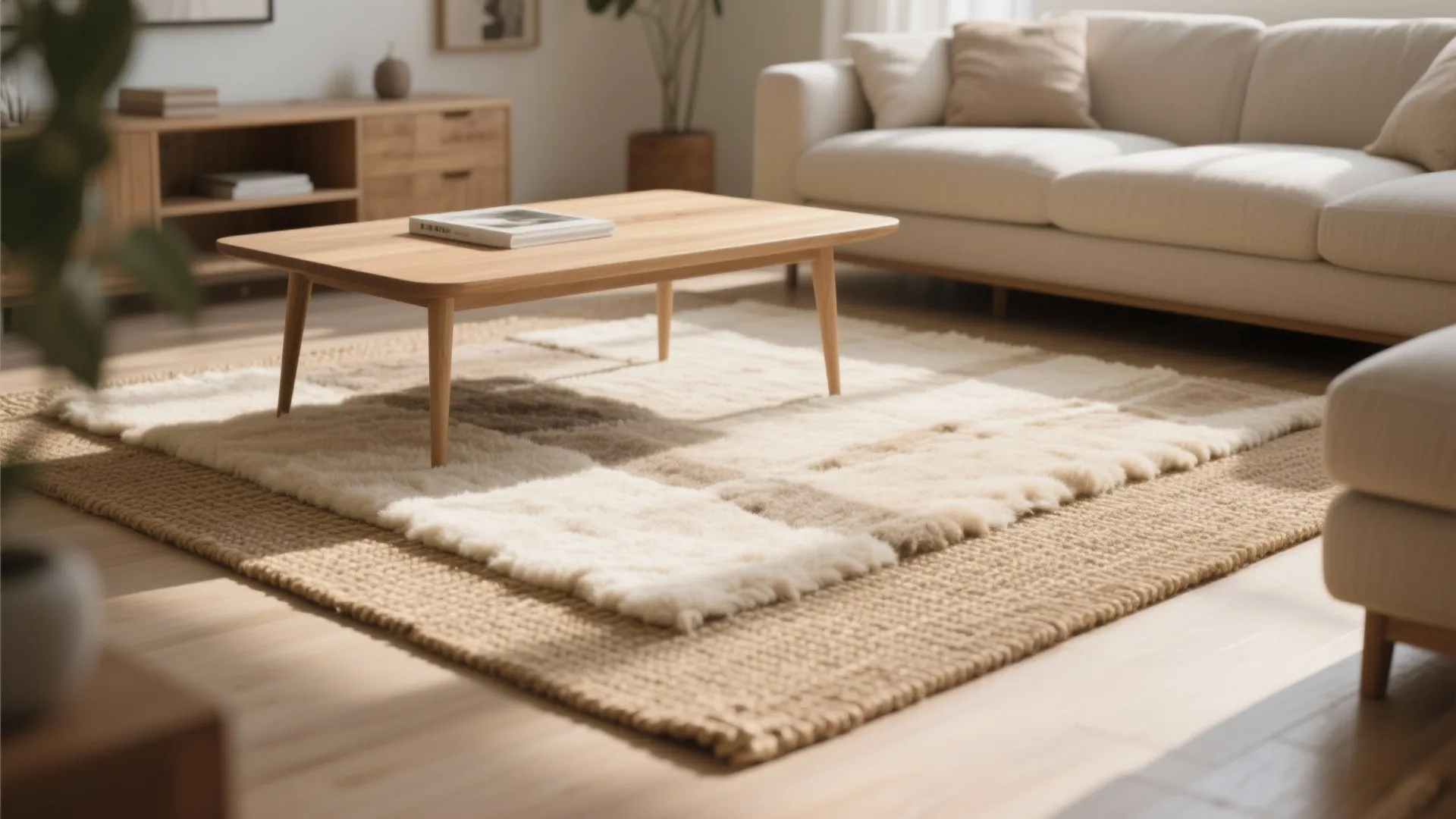 Modern living room featuring layered rugs under a wooden coffee table and a white sofa