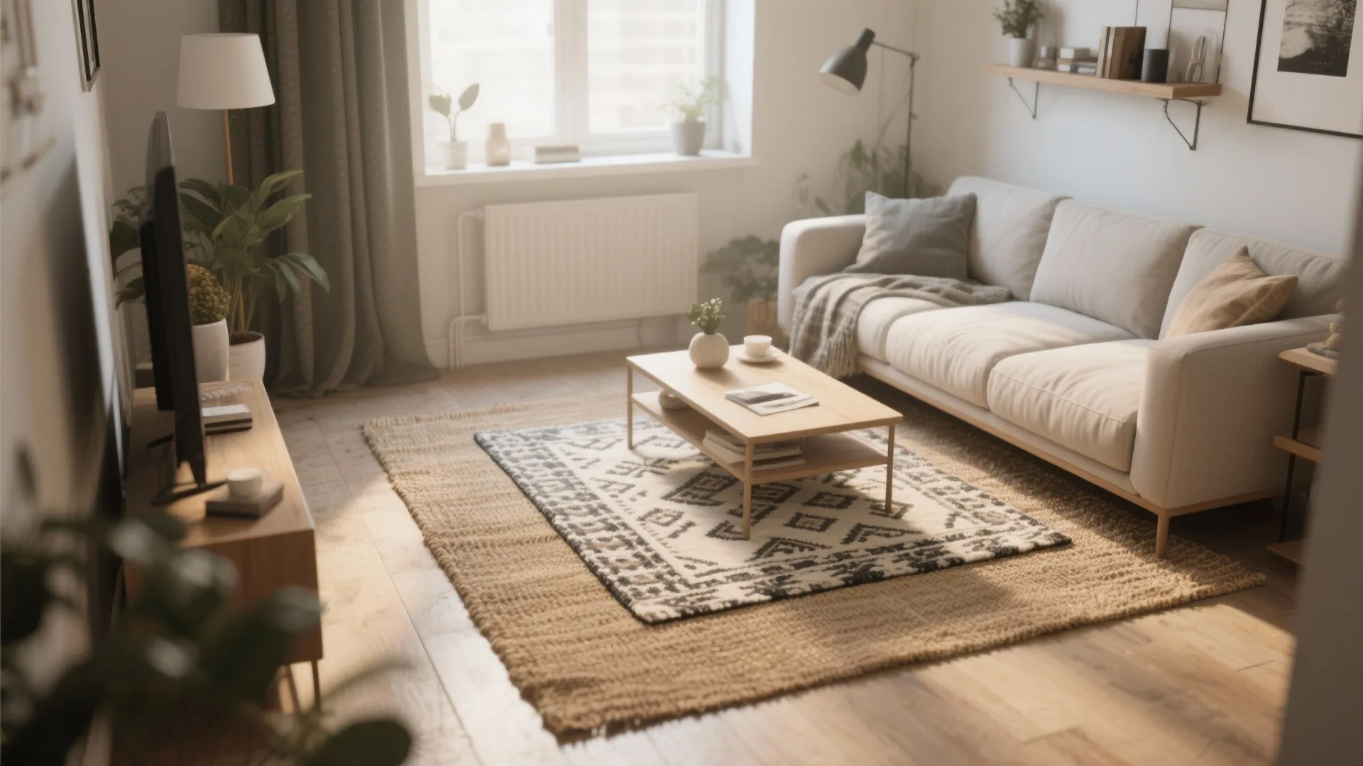 Cozy living room interior with layered rugs white sofa wooden coffee table and warm natural light