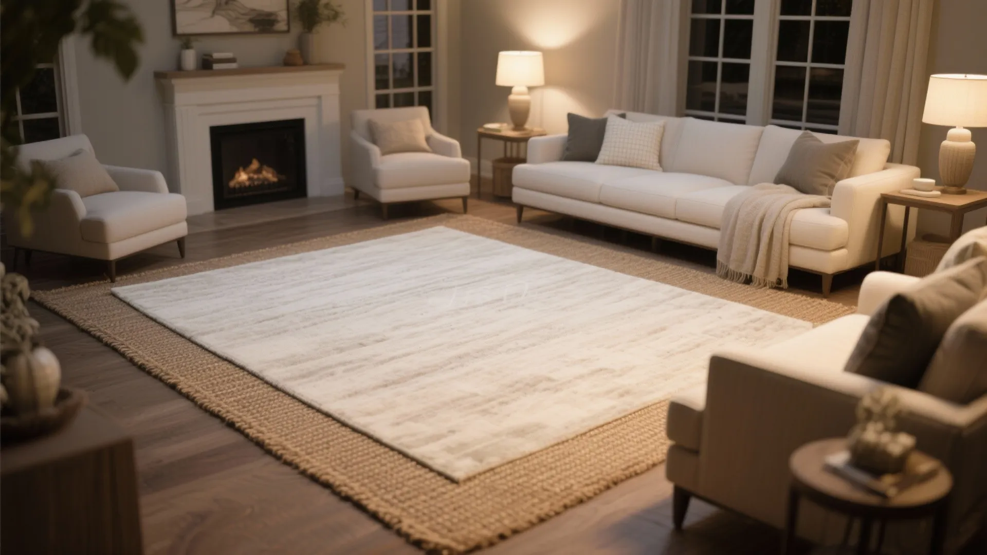 Warm living room with fireplace and white sofas featuring layered rugs on a wood floor