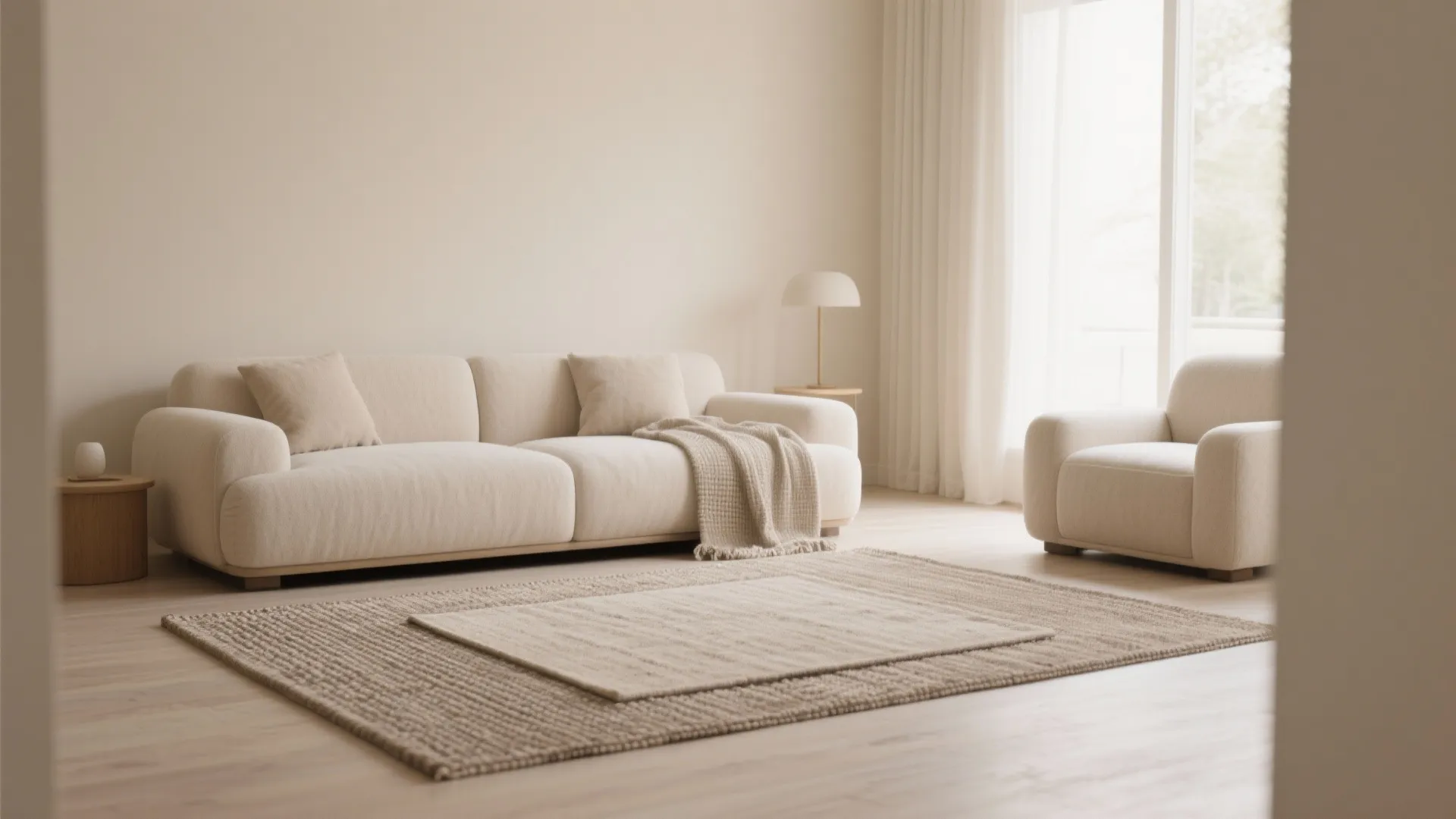 Minimalist beige living room with neutral layered rugs, white sofa, armchair, and soft natural light