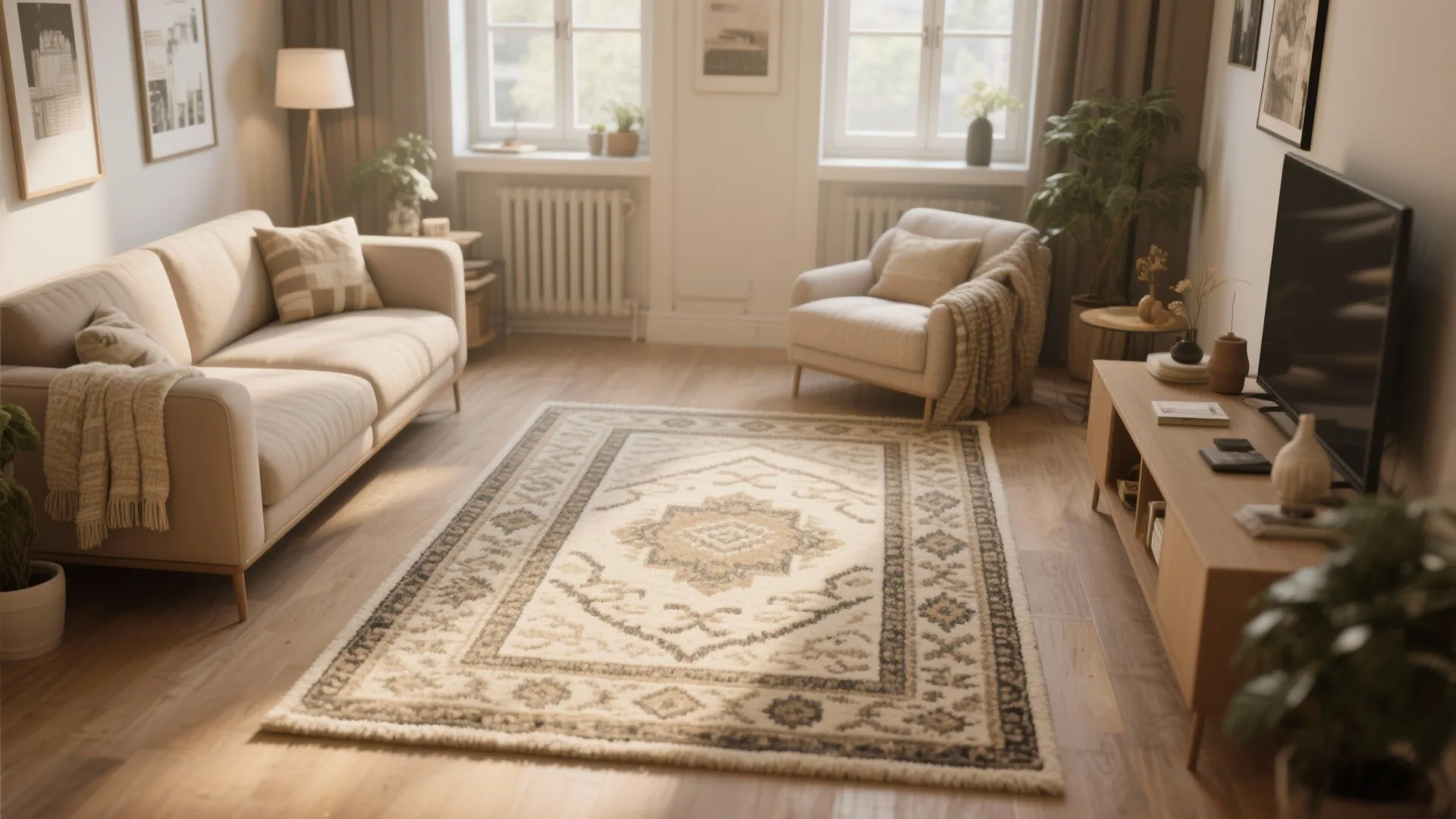 1. Layering Over a Larger Neutral Rug