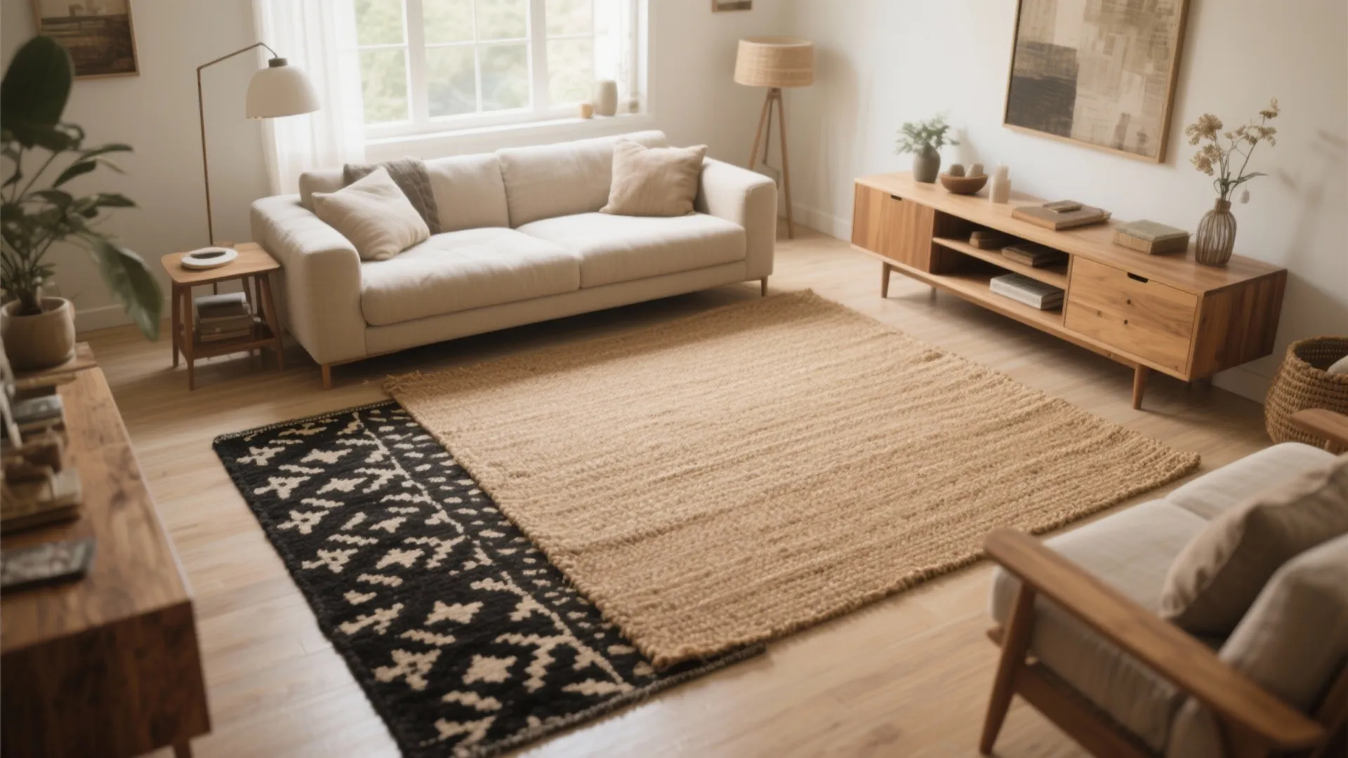Bright living room with white sofa wooden cabinet and layered rugs on a light wood floor